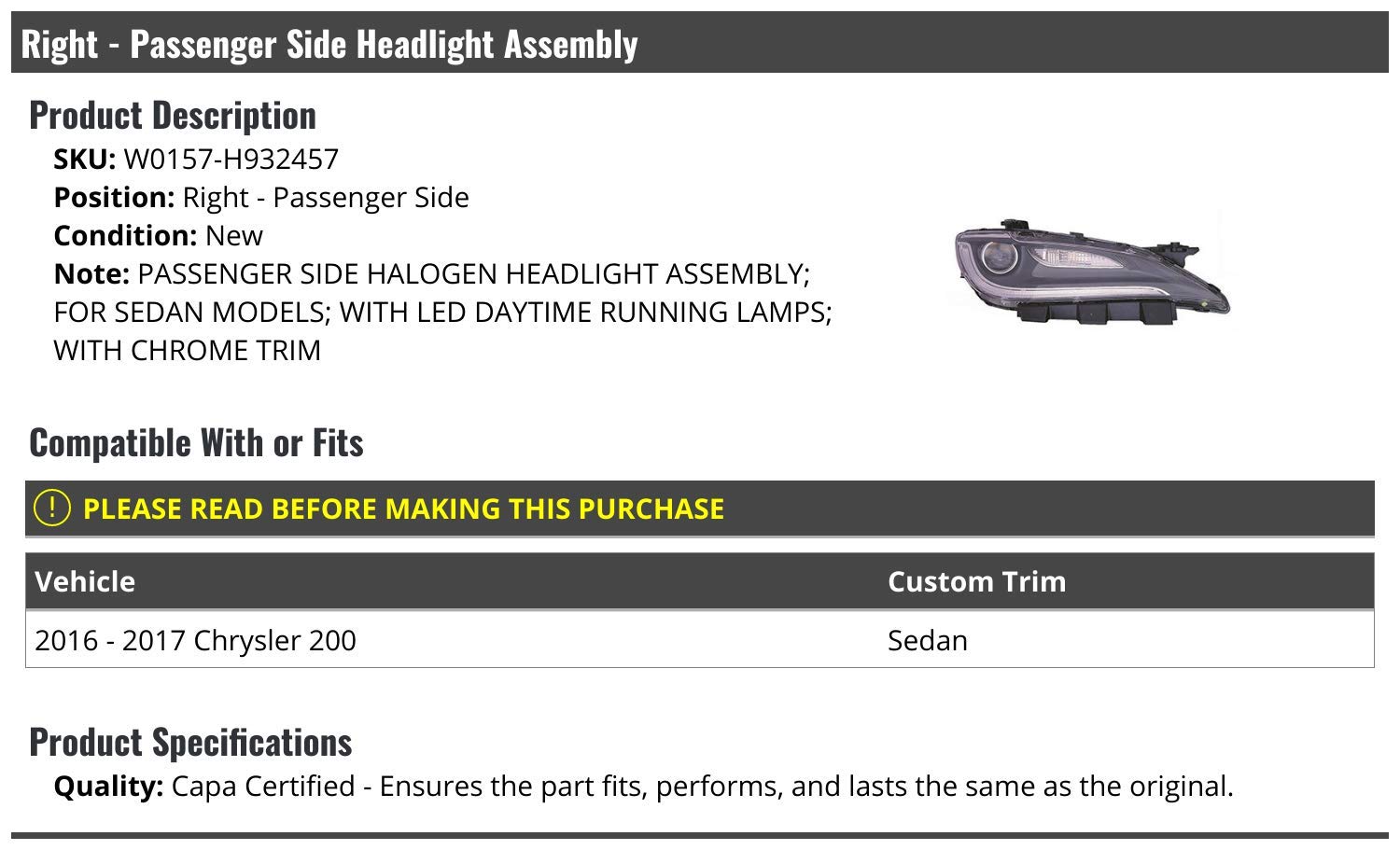 Right Passenger Side Headlight Assembly with LED Daytime Running Lights & Chrome Trim - Compatible with 2016-2017 Chrysler 200 Sedan | Replacement for Damaged Headlights, Night Driving Safety Upgrade