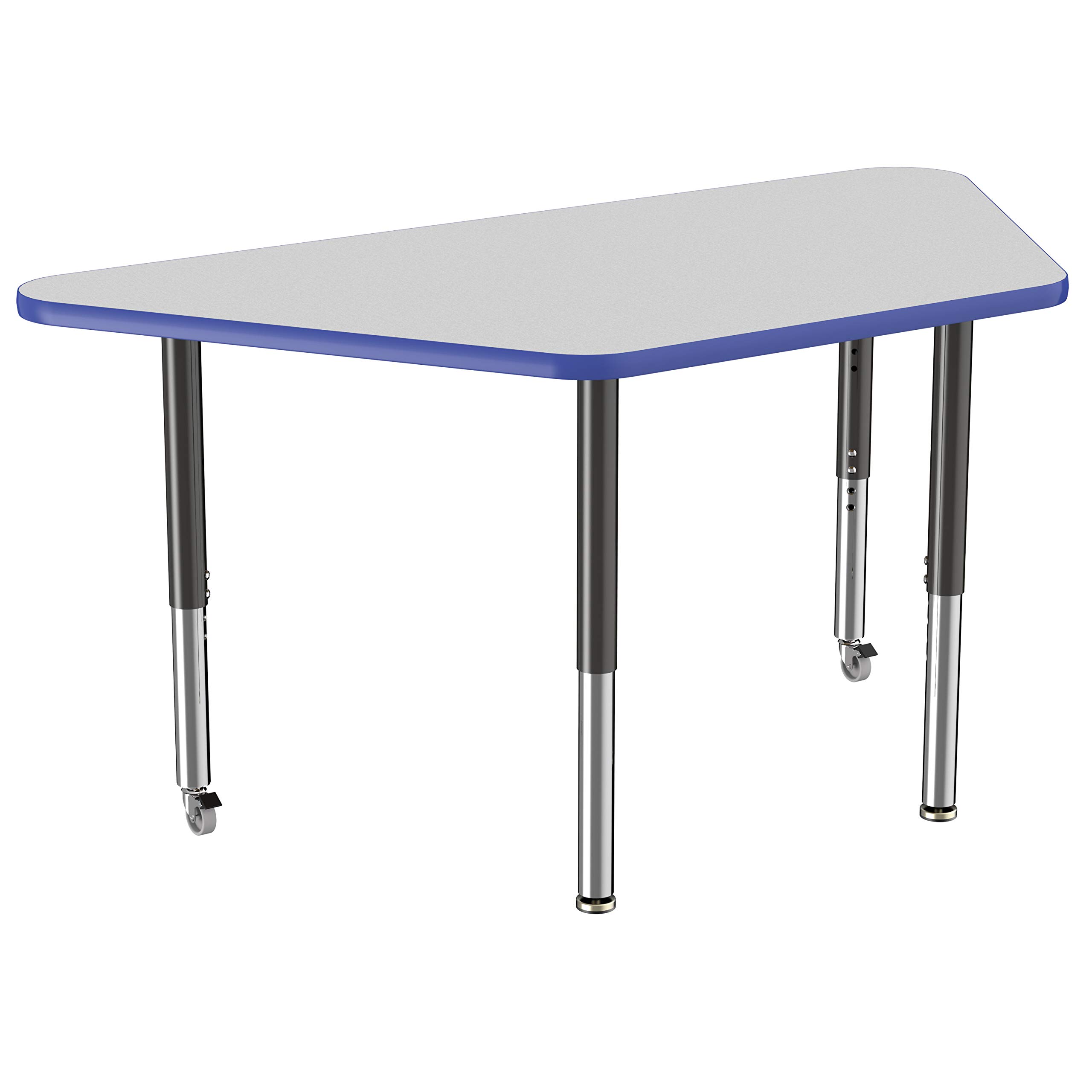 FDP Adjustable Height Mobile Trapezoid Activity Table - 30 x 60 Inch School & Office Desk with Casters, Gray Top & Blue Edge for Collaborative Workspaces | Perfect for Classrooms, Meeting Rooms & Coworking Spaces
