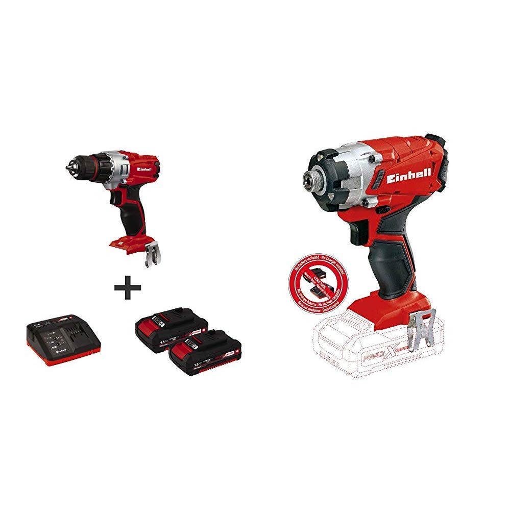 Einhell TE-CD 18/2 18V 1.5Ah Power-X-Change Cordless Drill & TE-Ci 18/1 Li-Solo Impact Driver Kit with 2 Batteries & Charger - Perfect for DIY Projects, Home Repairs, and Professional Construction Work
