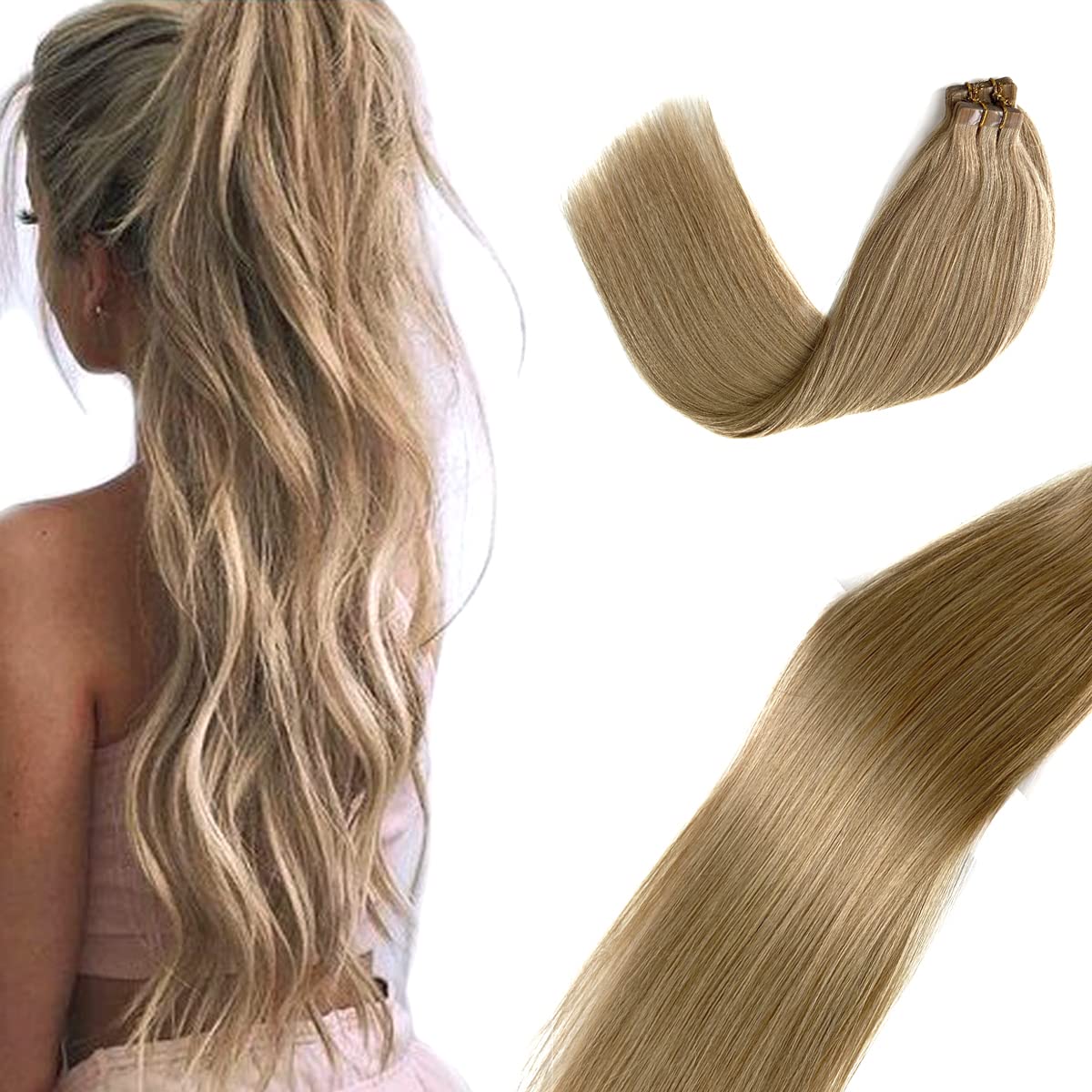 Ubetta Tape in Hair Extensions 20 Inch - 20 Pieces Real Human Hair, Seamless Skin Weft with Double Sided Adhesive - Invisible Golden Blonde Colored Hair Extensions 50g for Women - Perfect for Volume, Length & Styling for Parties, Weddings & Daily Wear