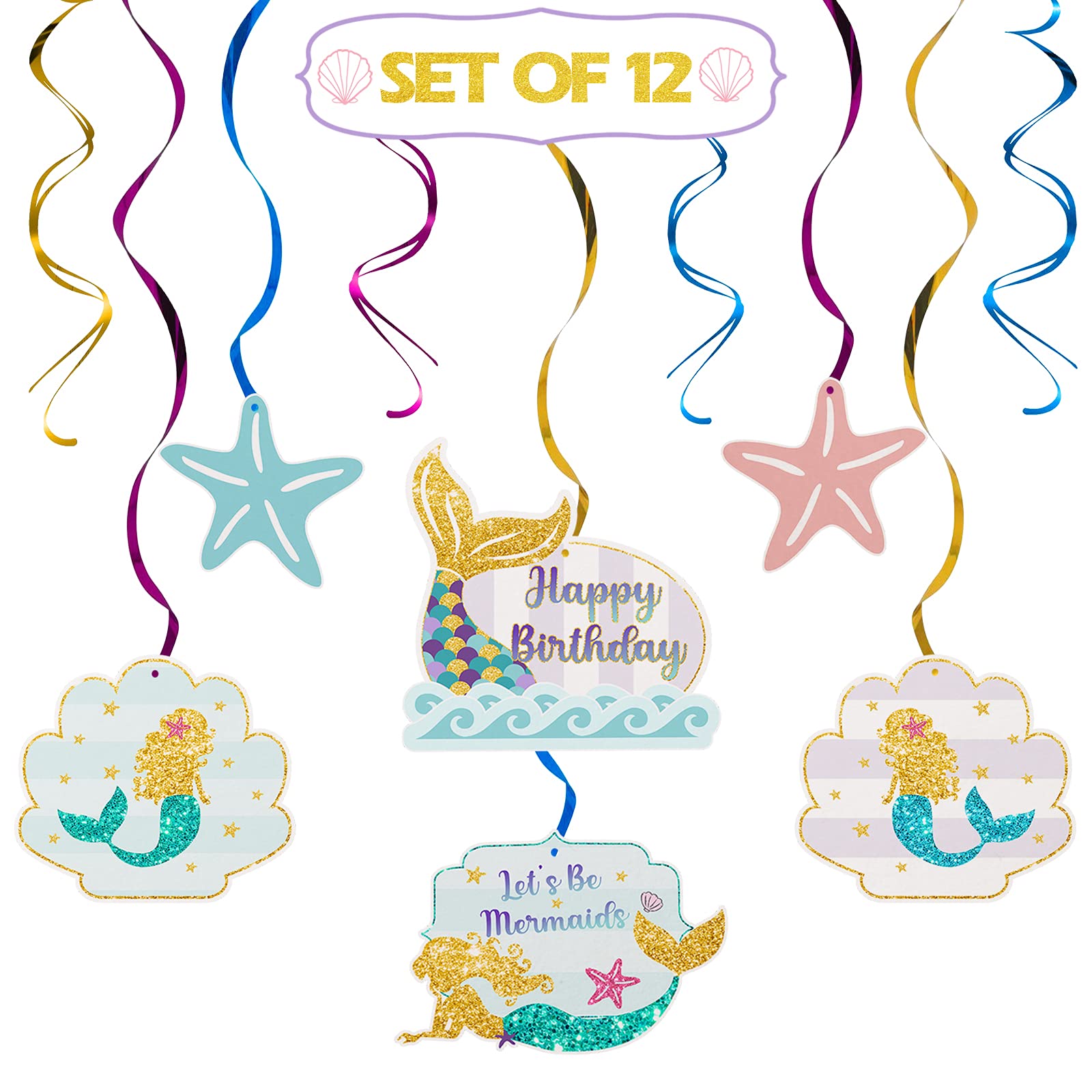 Mermaid Birthday Streamers - 12 Pcs Hanging Decor for Party Backdrop