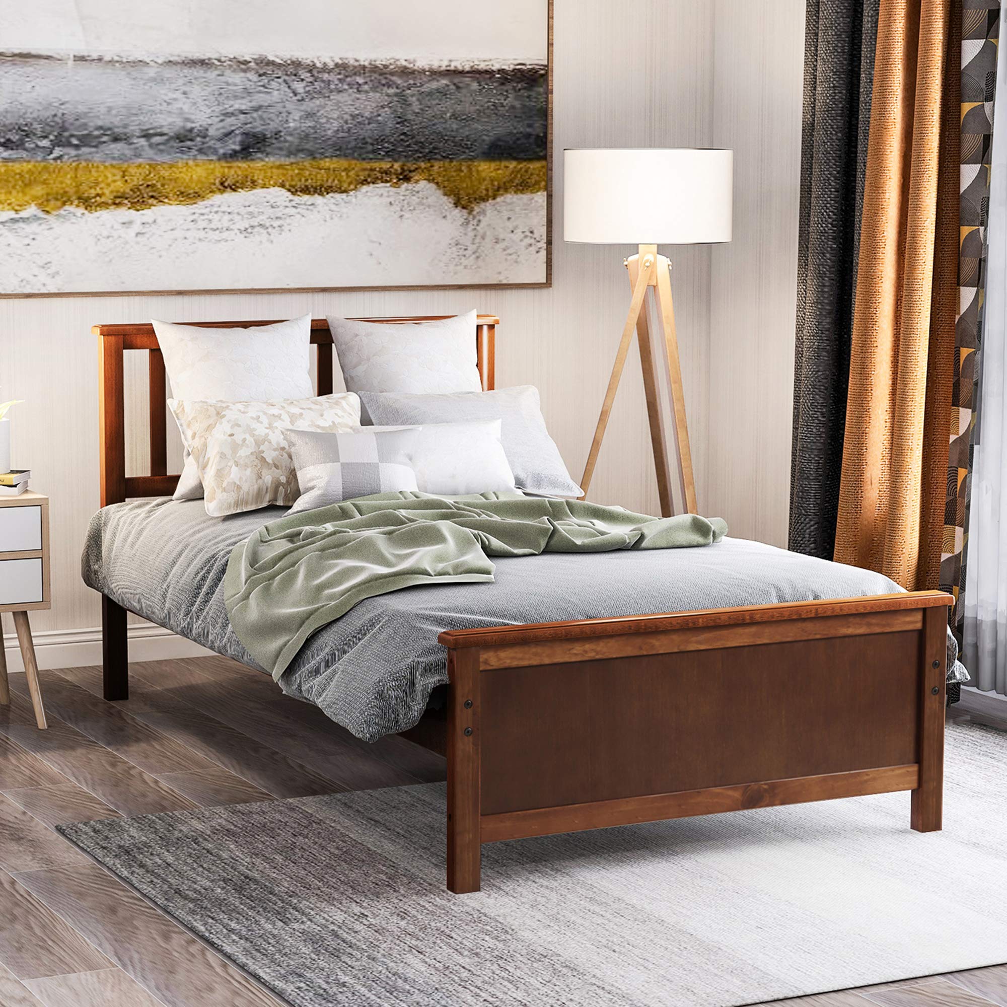 P PURLOVE Twin Size Wood Platform Bed Frame with Headboard & Footboard - Sturdy Wood Slat Support, No Box Spring Needed - Walnut Finish - Perfect for Small Bedrooms, Dorms & Guest Rooms