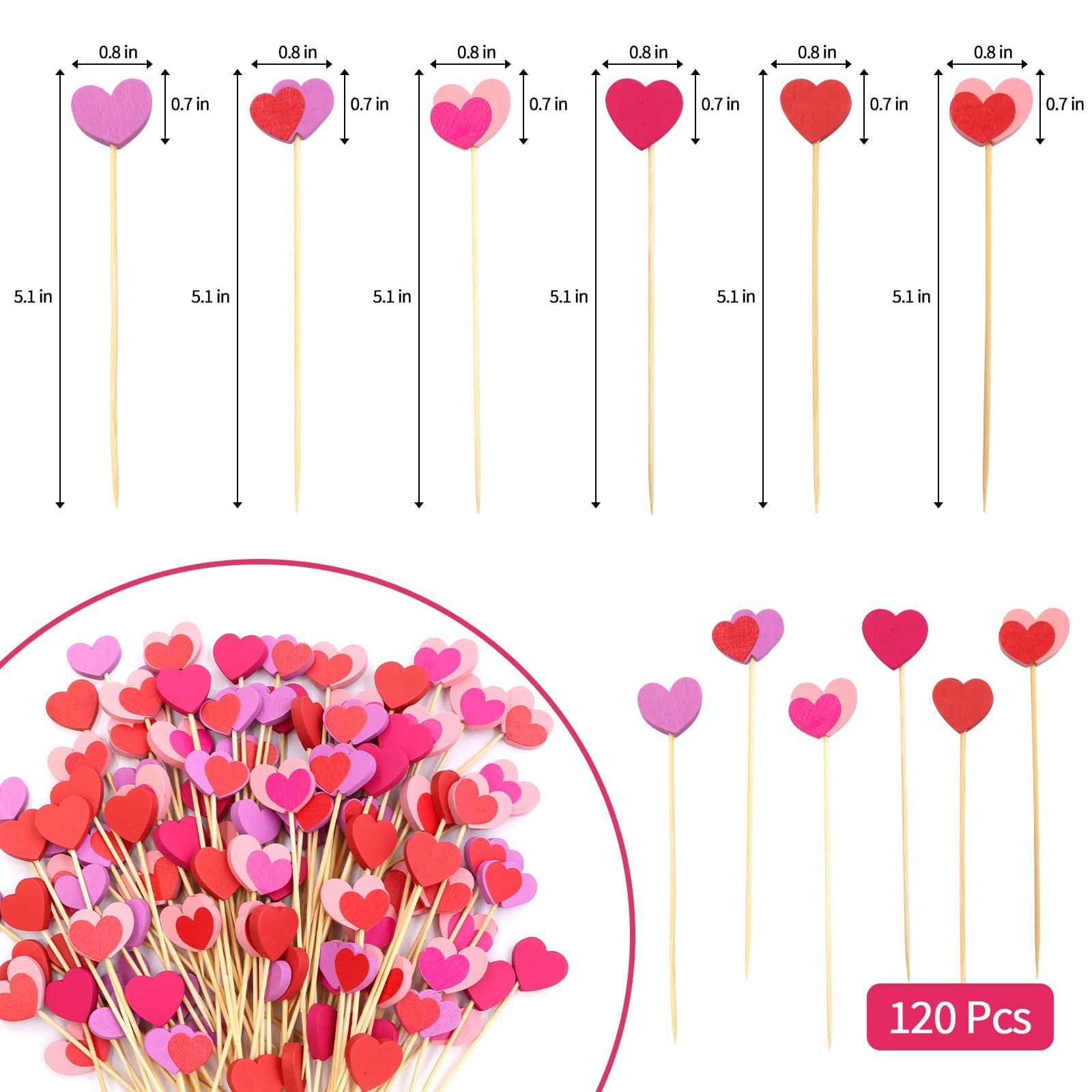 Valentine's Day Cocktail Picks 120 Pcs - Red Heart Appetizer Toothpicks for Food, Fruit, Sandwiches - Perfect for Valentine's Party, Birthday, Wedding & Anniversary Decorations - Great for Cocktail Parties, Bridal Showers & Romantic Dinner Table Settings