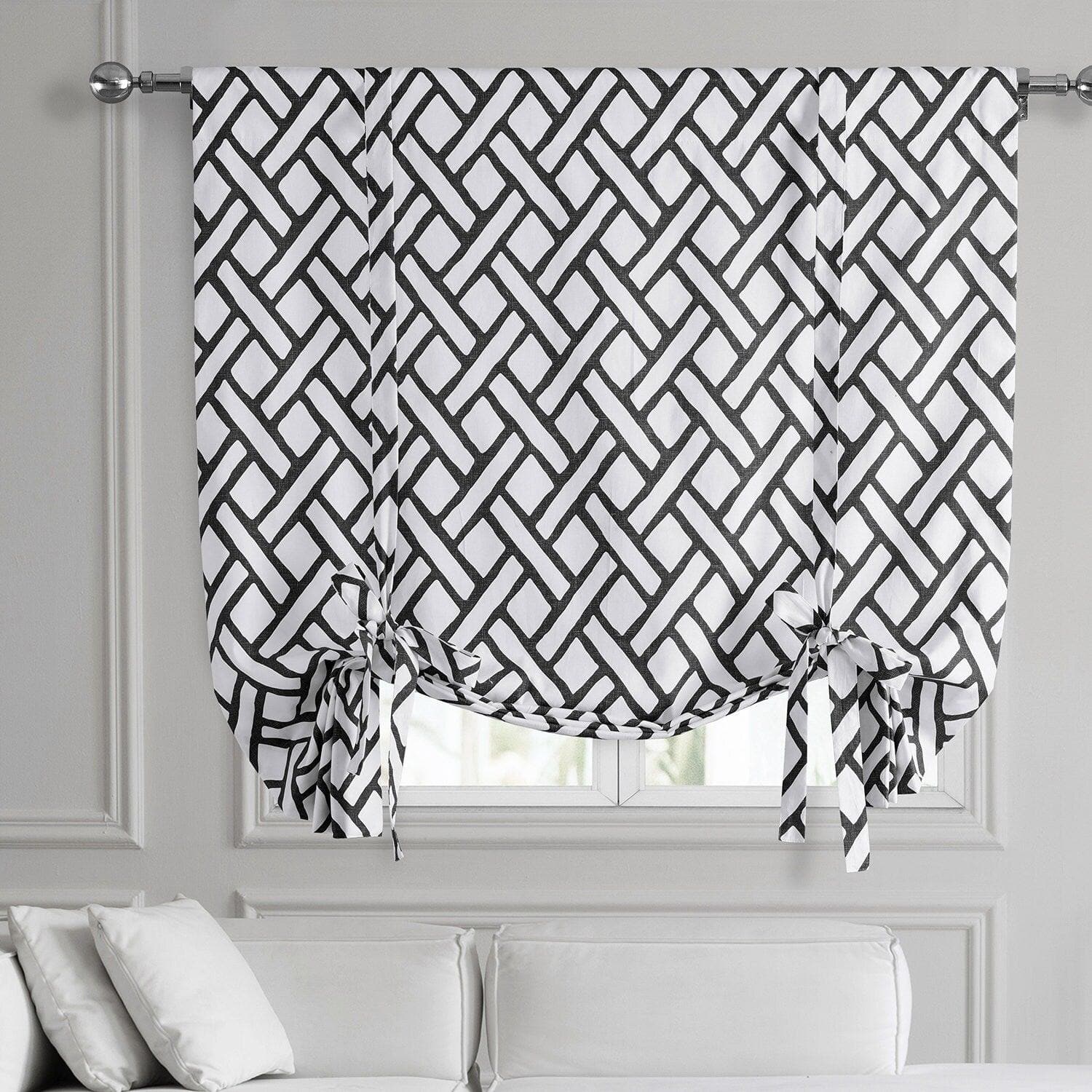 Black Geometric Printed Cotton Room Darkening Tie-Up Window Shade for Bedroom & Living Room - Modern Garden Path Design Home Decor