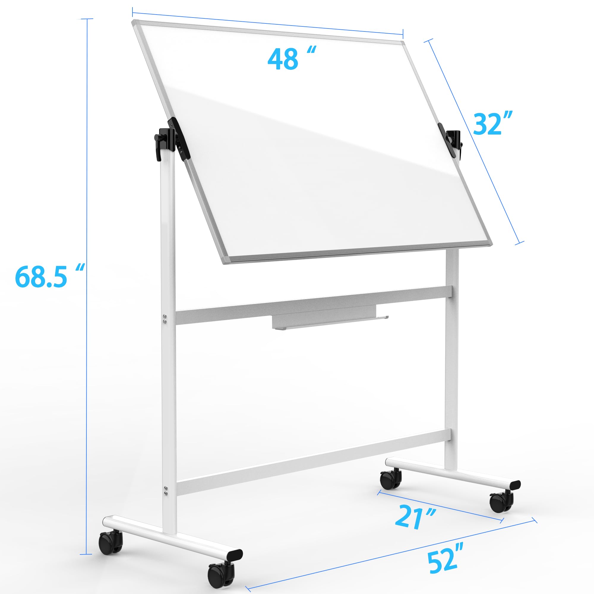 Adjustable Angle Rolling Whiteboard with Stand - Mobile Dry Erase Board on Wheels for Homeschooling, Office Meetings & Classroom Presentations (White)