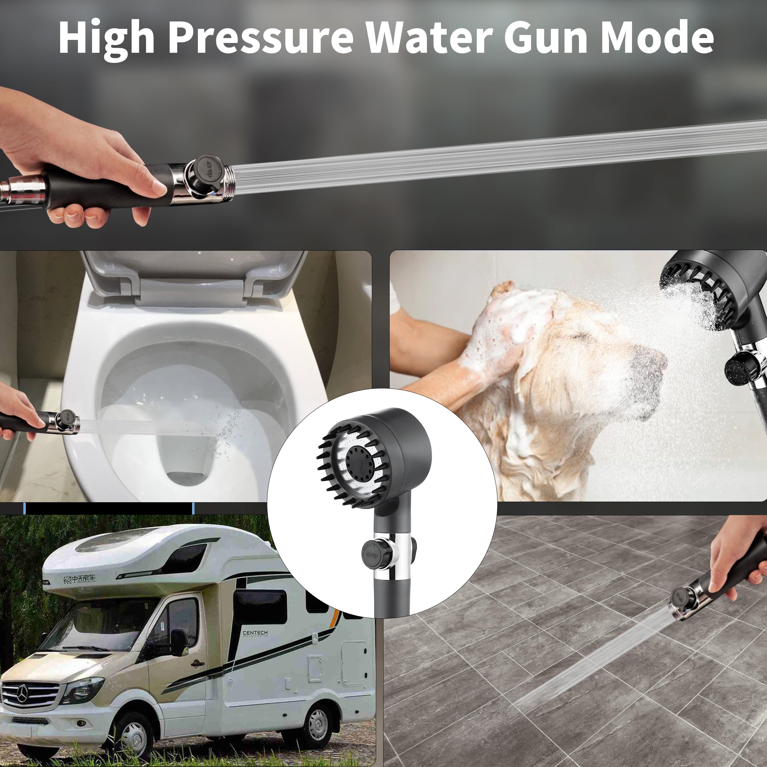High Pressure Shower Head with Water Filter for Hard Water - Handheld Detachable Showerhead with On/Off Switch & Hose - Perfect for RV, Camper, Bathroom, and Home Use (Grey)