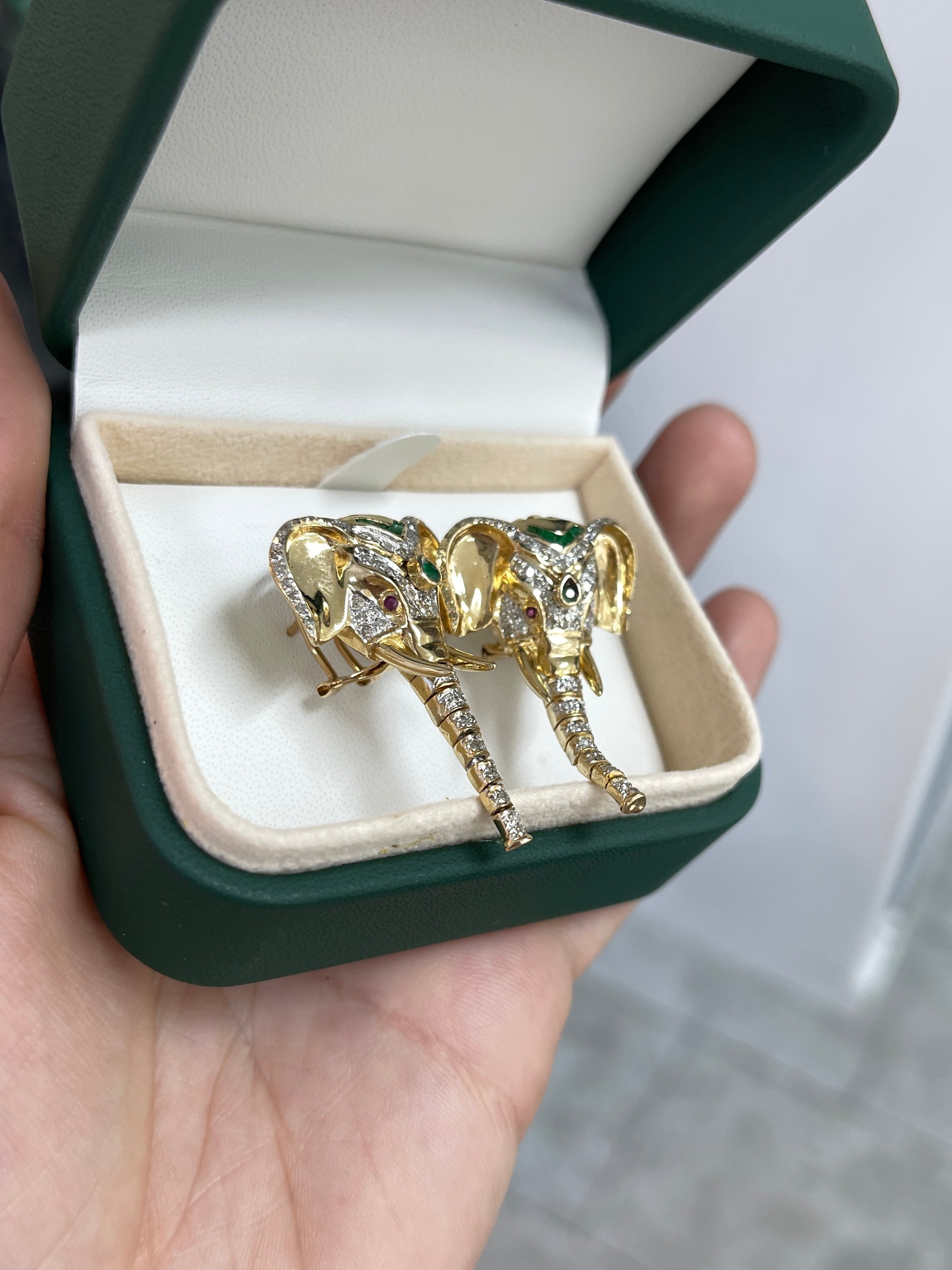 0.91tcw 14K Gold Elephant Earrings with Diamonds, Rubies & Emeralds - Moving Trunk Design for Women | Perfect Gift for Birthday, Anniversary & Special Occasions