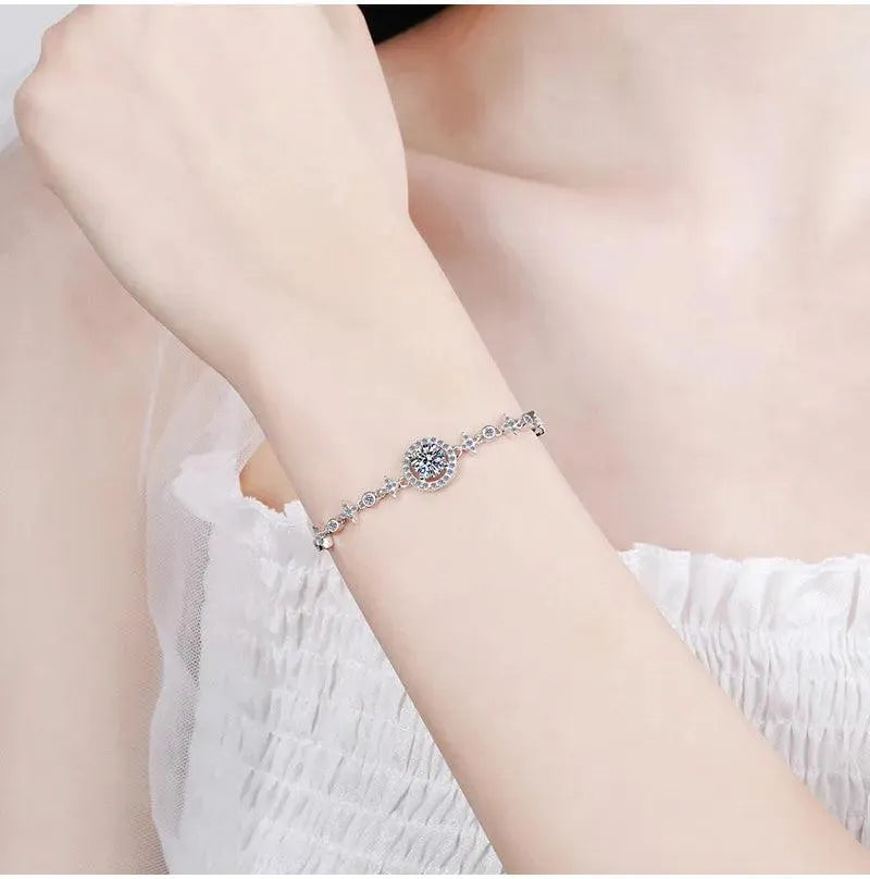 1 Carat Genuine Moissanite Bracelet with Star & Moon Charms - 925 Sterling Silver Bangle for Women - Passes Diamond Tester - Perfect for Weddings, Anniversaries & Special Occasions