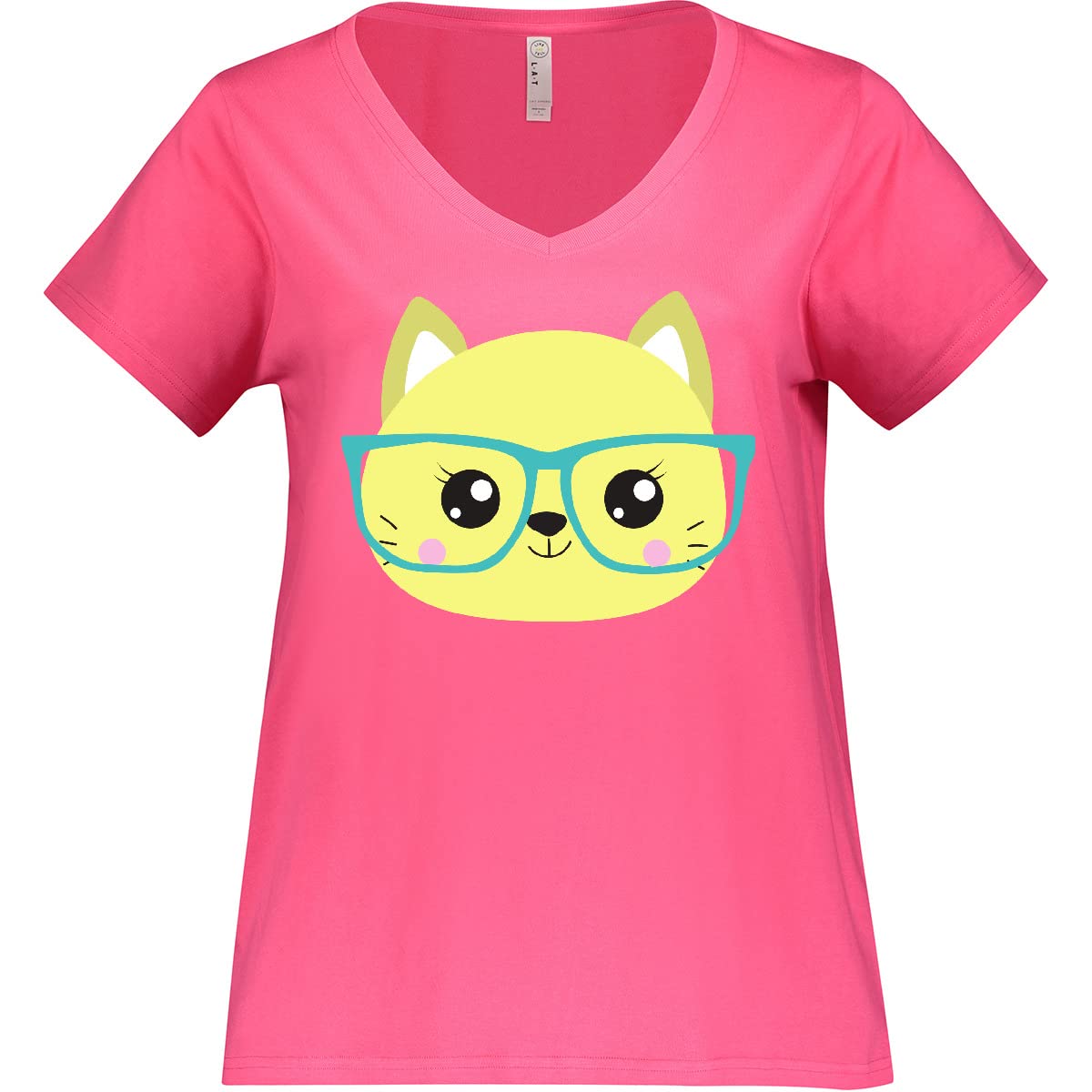 Inktastic Hipster Cat with Glasses - Cute Women's Plus Size V-Neck T-Shirt - Perfect for Casual Wear, Cat Lover Gifts & Funny Outfits