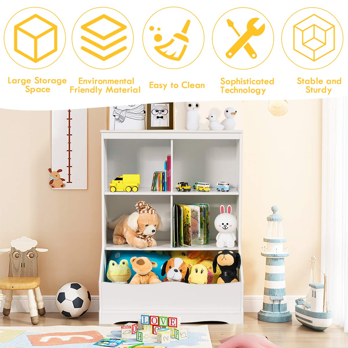 Giantex 3-Tier Wooden Toy Organizer with 4 Storage Bins - Kids Room Storage Cabinet for Books, Toys & Collections - White - Perfect for Nursery, Playroom & Classroom Organization