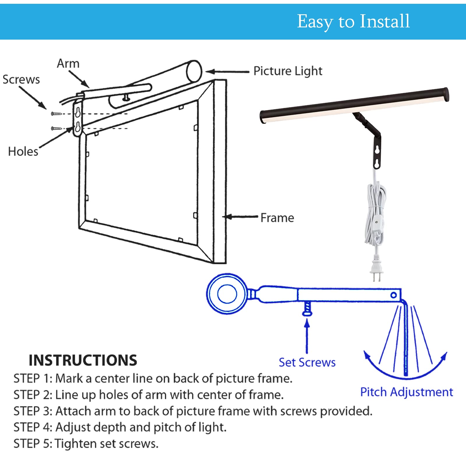Ciata 14-Inch LED Picture Light for Wall Art - 3000K Warm White, 4W Adjustable Metal Frame Light with In-Line On/Off Switch, 90+ CRI, Oil Rubbed Bronze Finish - Perfect for Gallery, Museum & Home Decor Lighting