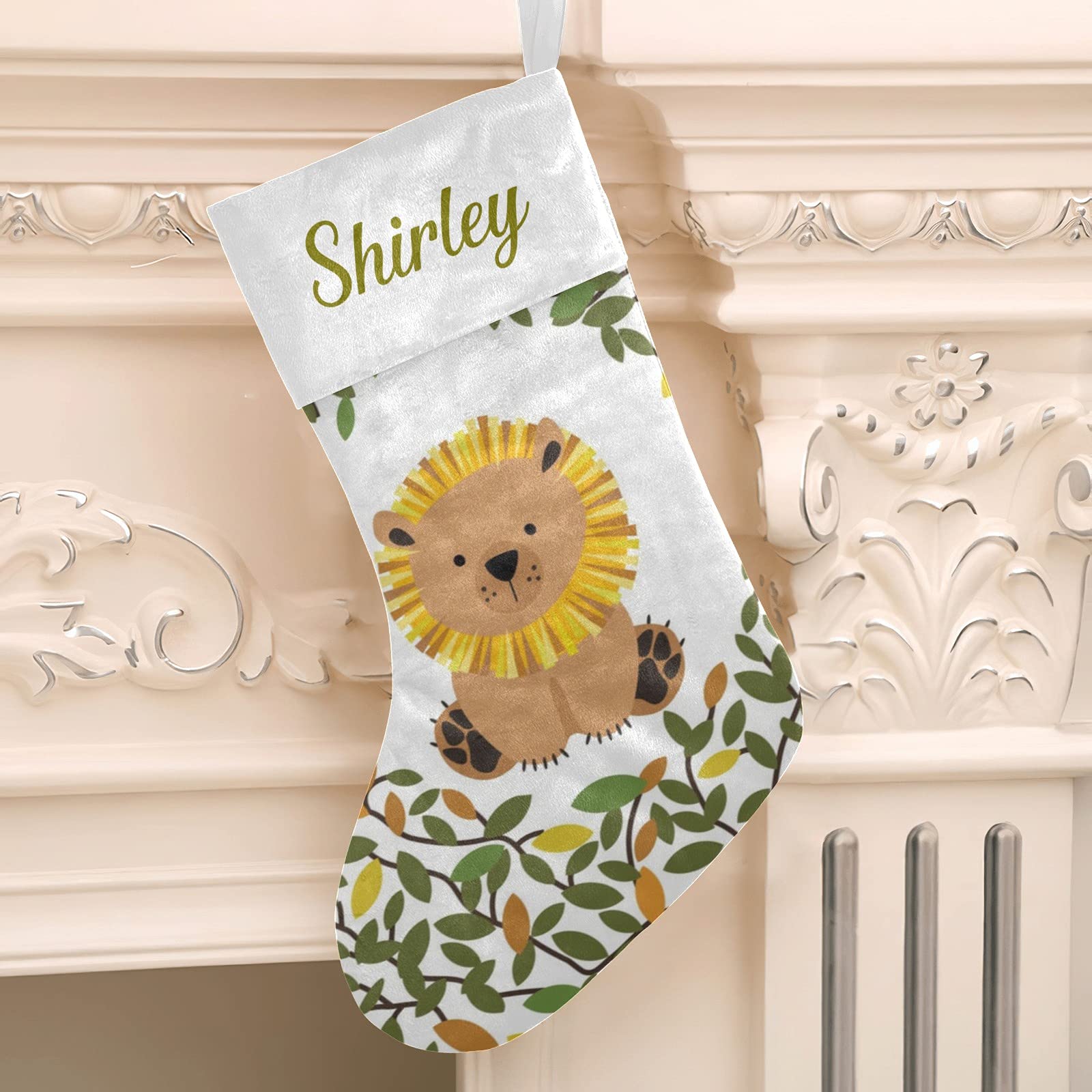 Personalized Floral Cartoon Lion Christmas Stockings - Custom Name Xmas Stockings for Holiday Decor (17.52 x 7.87 Inch) - Perfect for Fireplace Mantel, Christmas Tree Decorations & Festive Gift Giving
