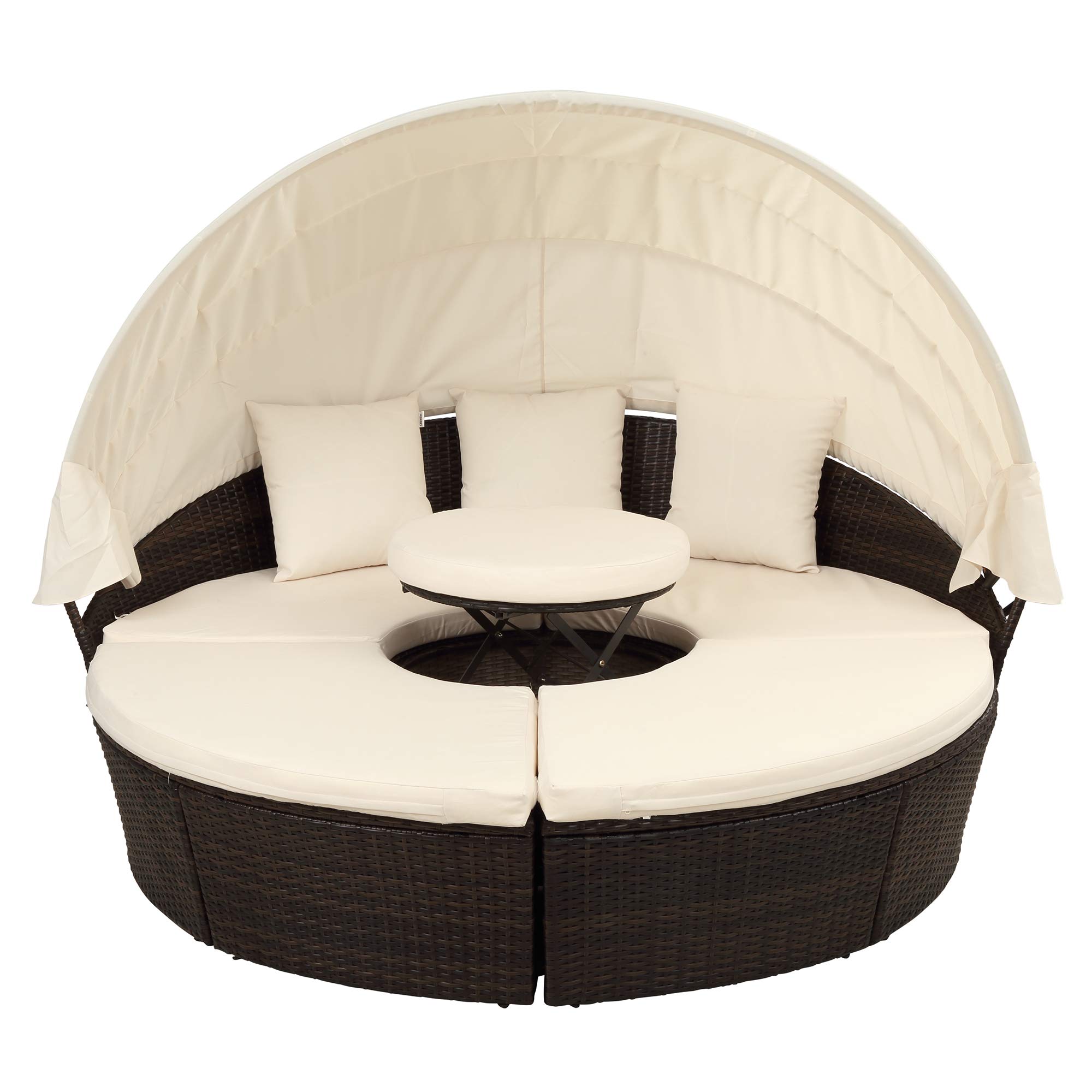 KLMM Outdoor Patio Sectional Sofa Set - Round Rattan Daybed Sunbed with Retractable Canopy, Adjustable Height Table & Footrest (Brown Wicker, Beige Cushion) - Perfect for Backyard, Poolside & Garden Relaxation