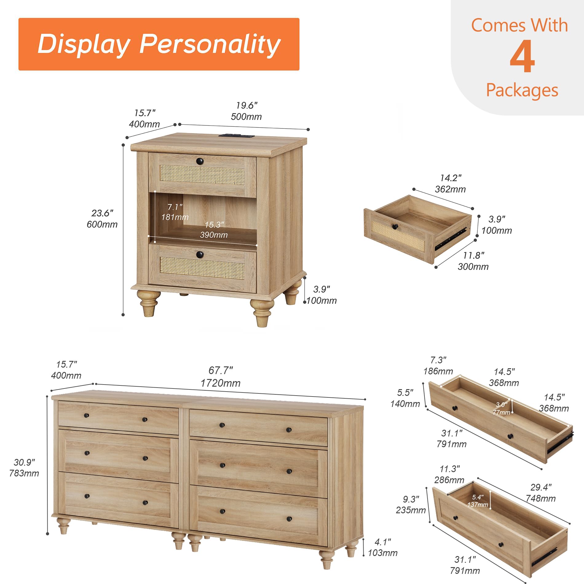 WAMPAT 4-Piece Bedroom Dresser Set with Nightstands - Farmhouse Style 3-Drawer Dressers & Side Tables with USB Charging Station, Solid Oak Furniture for Master Bedroom, Guest Room or Dorm