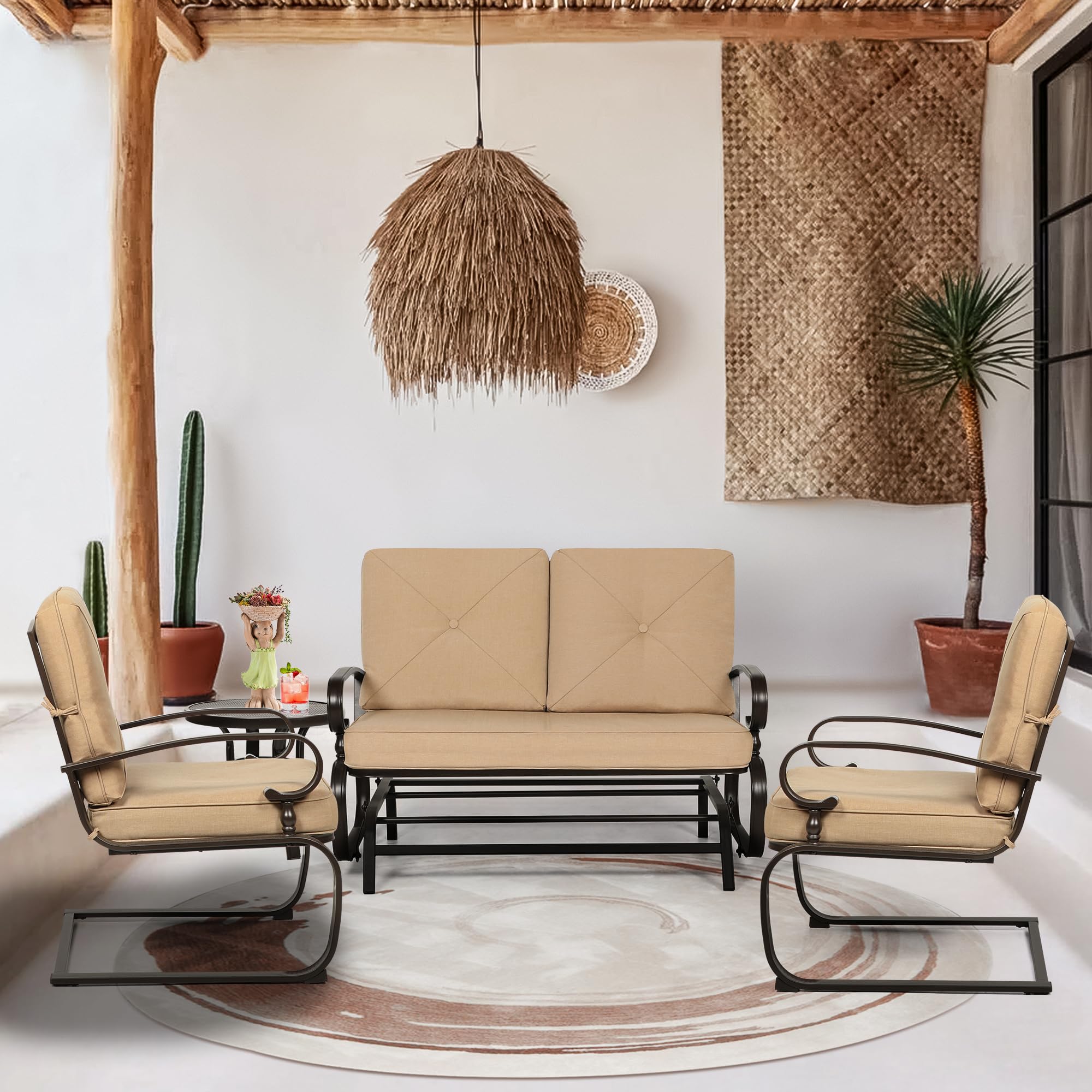 4-Piece Outdoor Patio Conversation Set - Glider Loveseat with 2 Spring Chairs & Coffee Table - Brown Cushions Included - Perfect for Backyard, Garden or Poolside Relaxation