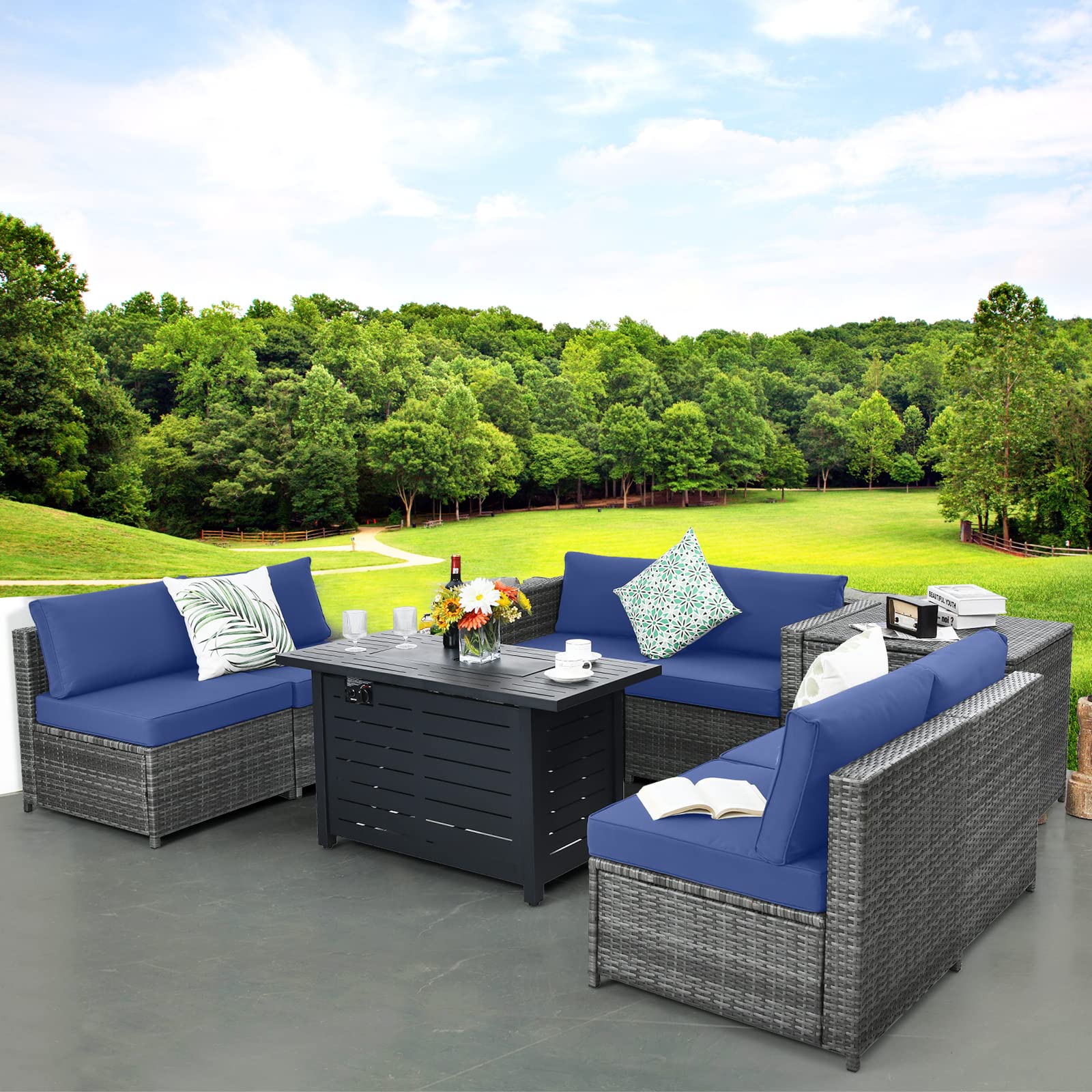 8-Piece Outdoor Patio Furniture Set - PE Rattan Conversation Sofa with Coffee Table, Cushions & Storage Box - Durable Wicker Sectional Set for Garden, Backyard, Poolside & Outdoor Entertaining