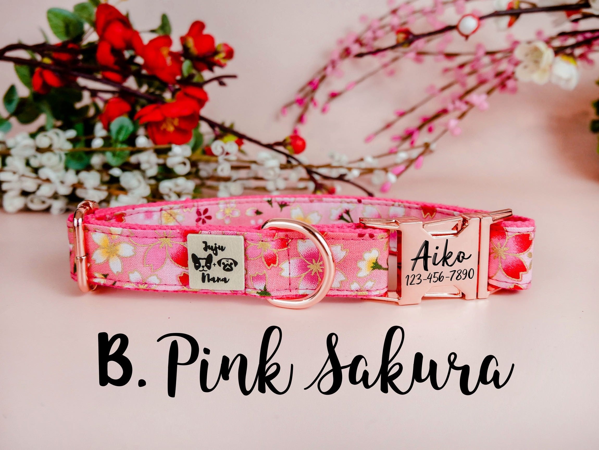 Engraved Dog Collar with Japanese Sakura Design - Personalized Pet Accessory for Small, Medium & Large Dogs - Perfect for Walks, Training & Special Occasions
