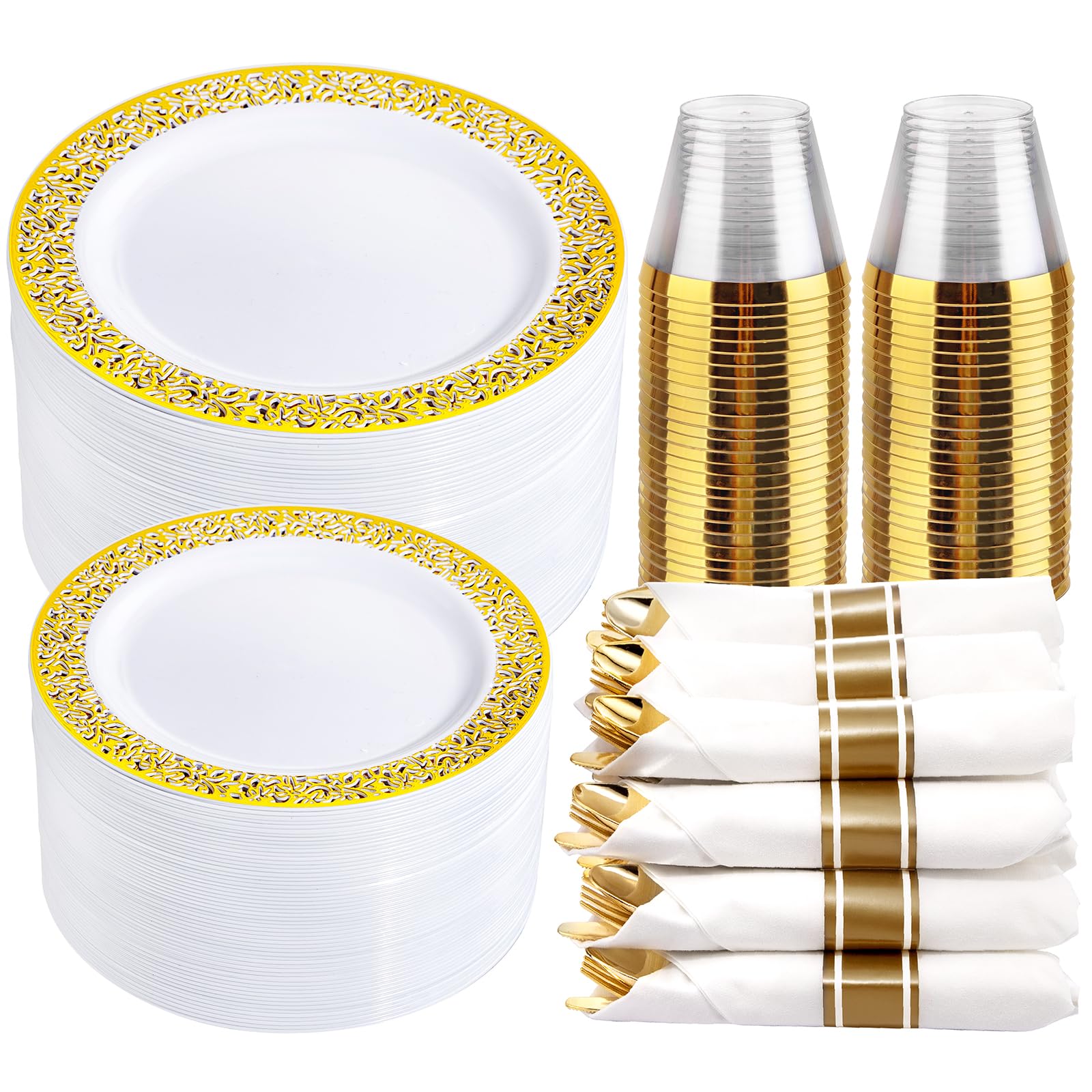 WELLIFE 350-Piece Gold Plastic Dinnerware Set - 50 Dinner Plates, 50 Dessert Plates, 50 Pre-Rolled Napkins with Silverware & 50 Cups - Elegant Disposable Tableware for Wedding, Birthday Party, Baby Shower & Holiday Celebrations