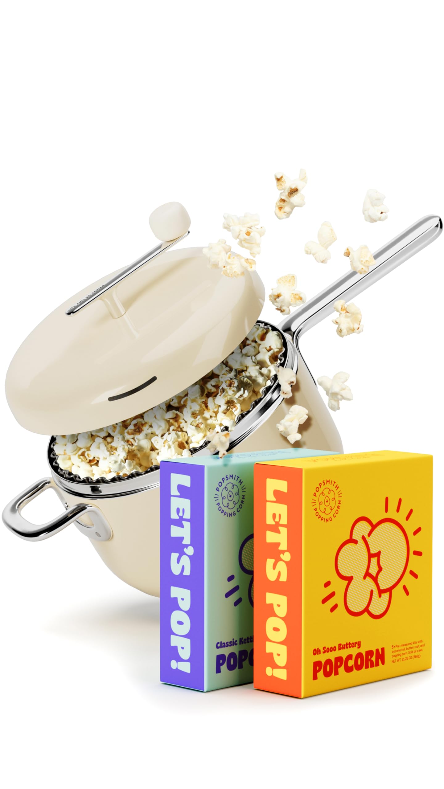 Popsmith 6 Quart Stovetop Popcorn Maker Starter Bundle in Cream - Includes 5 Movie Theater & 5 Kettle Corn Popcorn Kits - Stainless Steel Popcorn Machine for Gas, Electric & Induction Stovetops - Perfect for Movie Nights, Parties & Family Snack Time