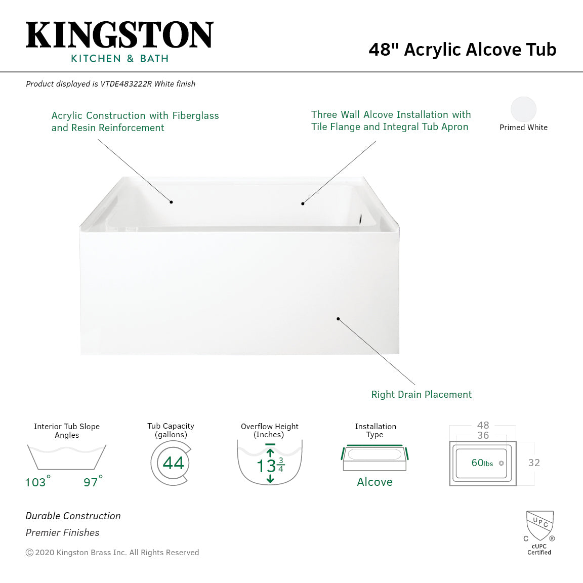 Aqua Eden VTDE483222R 48-Inch Acrylic Rectangular 3-Wall Alcove Bathtub - Right Hand Drain, Glossy White - Perfect for Modern Bathroom Renovations & Spa-Like Relaxation