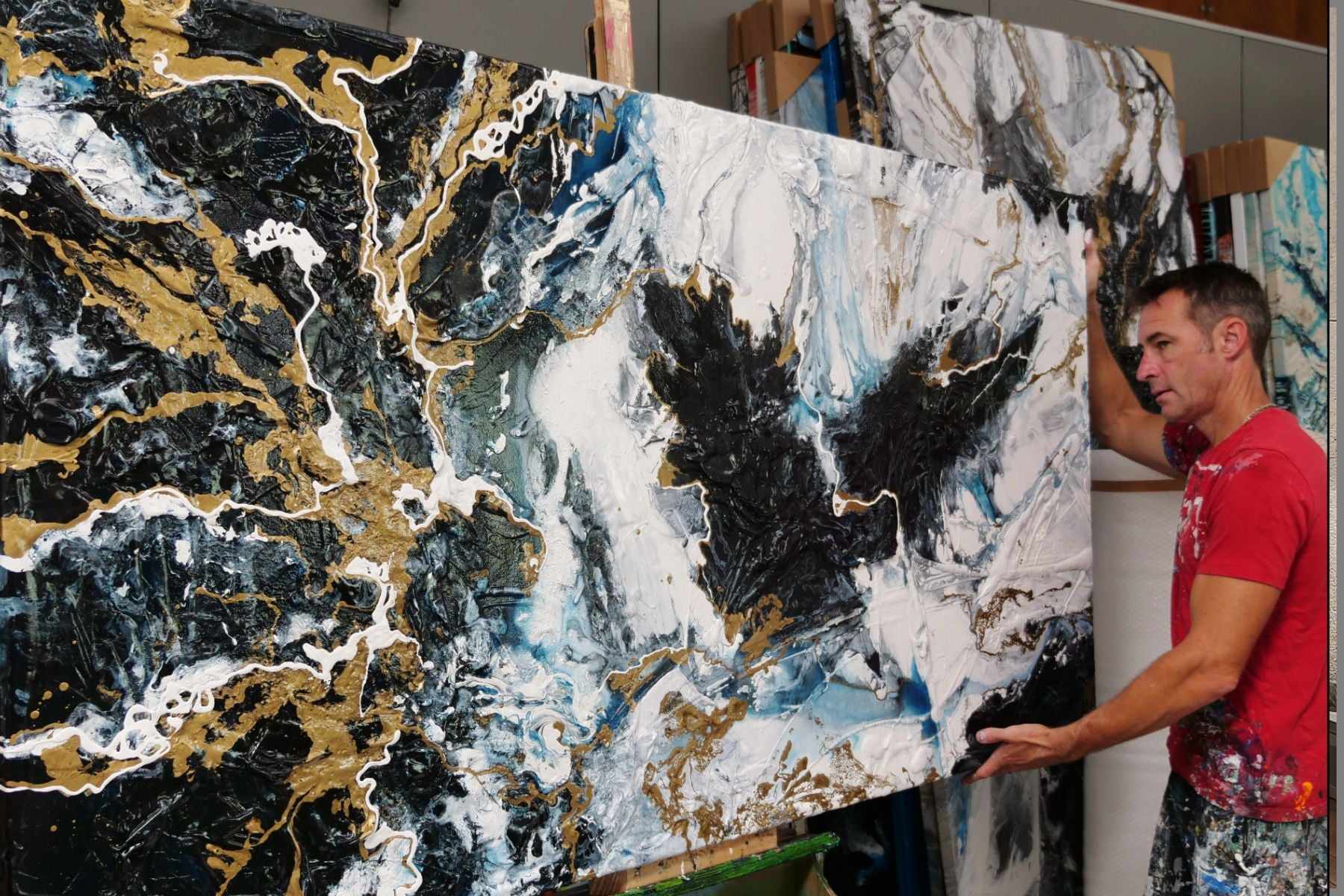 190cm x 100cm Black Metallic Gold Blue Abstract Textured Canvas Art Painting - Modern Wall Decor for Living Room, Bedroom & Office