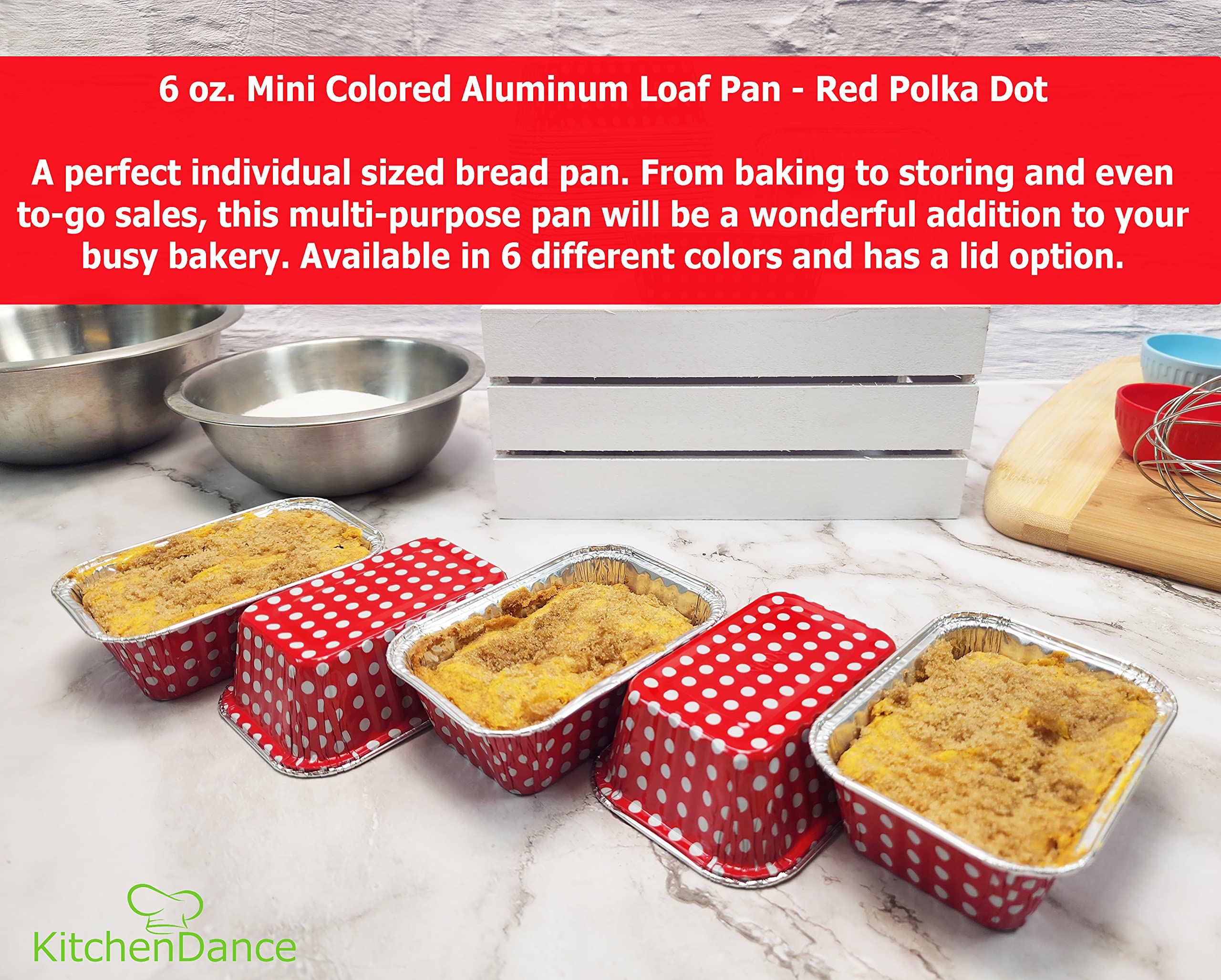 KitchenDance 6oz Disposable Aluminum Mini Loaf Pans with Lids - 1000 Pack (Red Polka Dot) | Perfect for Baking, Meal Prep & Party Favors | Individual Sized for Muffins, Brownies & Small Cakes