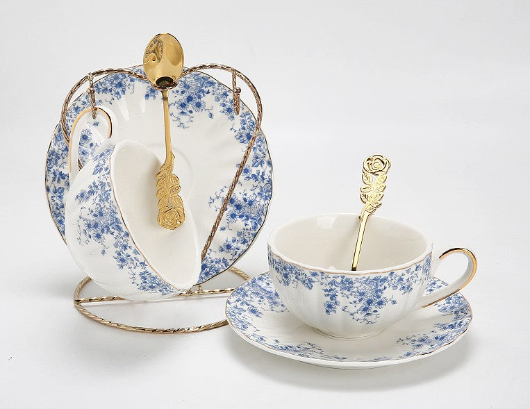 Royal Blue Bone China Porcelain Tea Cup Set - Elegant British Ceramic Tea Cups with Saucers for Afternoon Tea, Coffee & Gifts - Premium Blue Floral Tea Set in Luxury Gift Box - Perfect for English Tea Parties, Bridal Showers & Home Decor