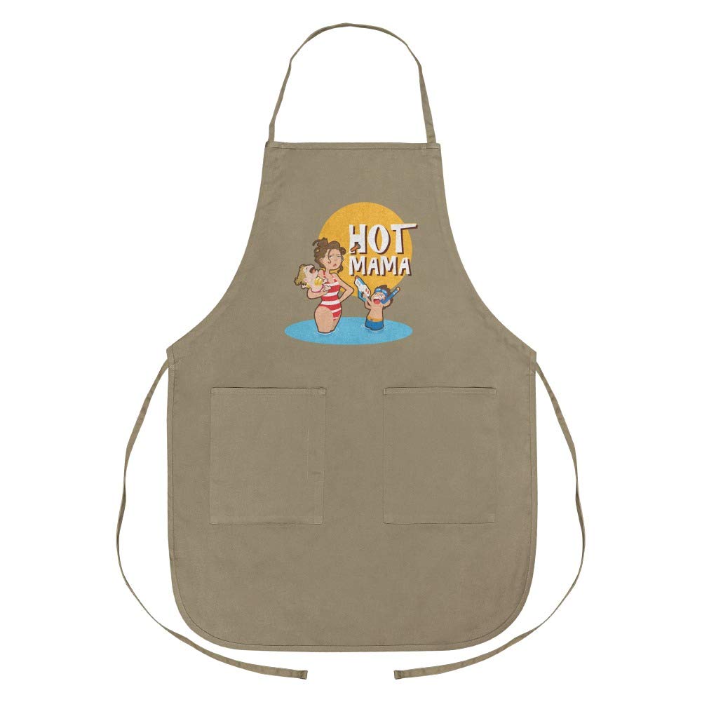 Hot Mama Mother with Kids at the Beach Pool Apron with Pockets - Funny Graphic Kitchen Apron for Women - Perfect for Cooking, Grilling, and Outdoor Parties