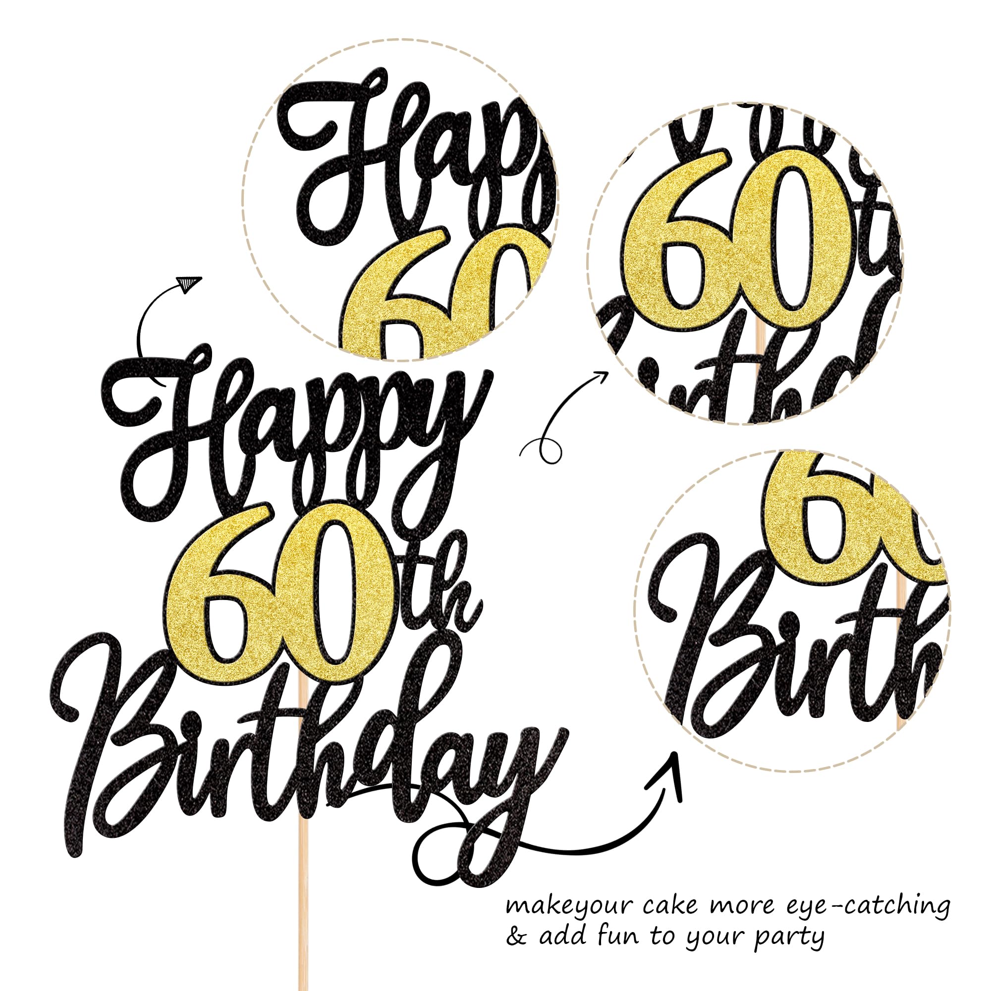 1 PCS Happy 60th Birthday Cake Topper - Black Gold Glitter 'Cheers to 60 Years' Cake Decoration for Anniversary Party Supplies | Perfect for Milestone Celebrations & Retirement Parties