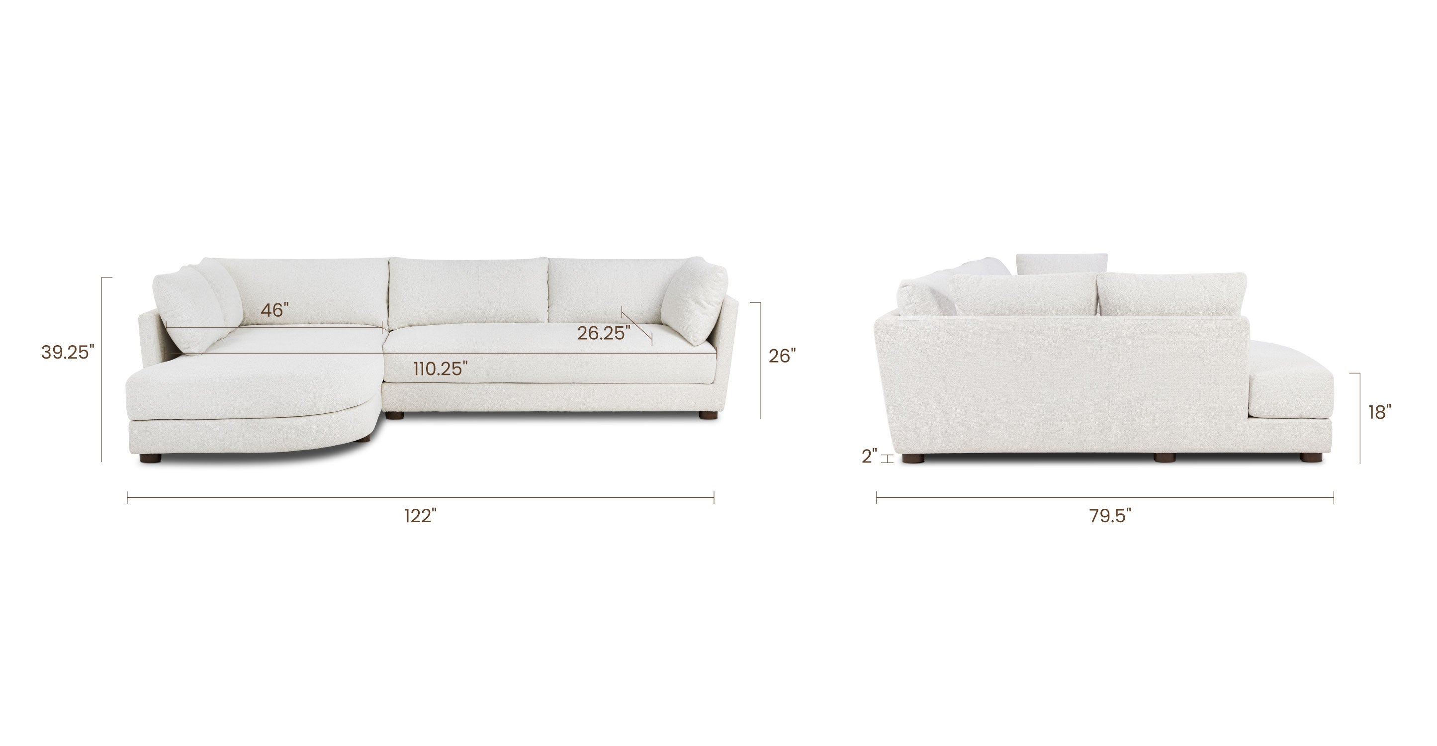 Pertuis 122 Left Facing Bumper Sectional Sofa - Modern L-Shaped Couch for Living Room, Home Theater & Family Gatherings