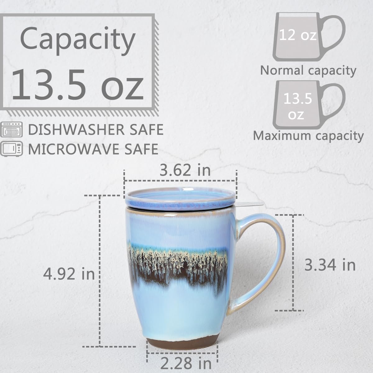 Bosmarlin 13.5 Oz Ceramic Tea Cup with Infuser & Lid - Loose Leaf Tea Steeper Mug with Built-in Strainer - Microwave & Dishwasher Safe Reactive Glaze Teacup (Light Blue) - Perfect for Home, Office & Gift Giving