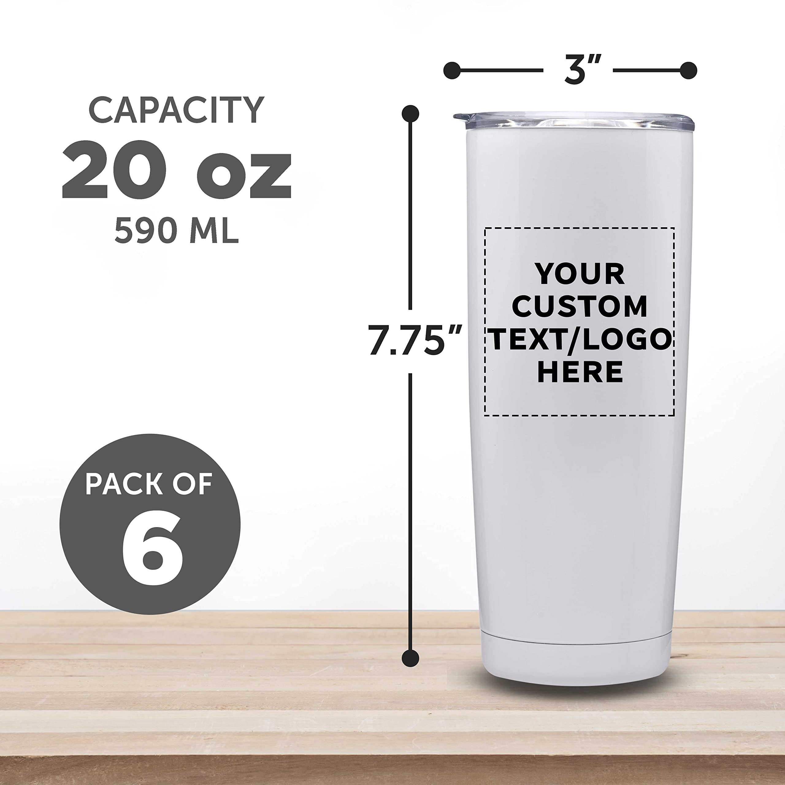 Custom Stainless Steel Coffee Tumblers 20 oz (Set of 6) - Double Wall Insulated Personalized Bulk Pack - Keeps Hot & Cold Beverages Perfect - Ideal for Coffee, Tea, Hot Cocoa, Office, Travel & Gifts - White