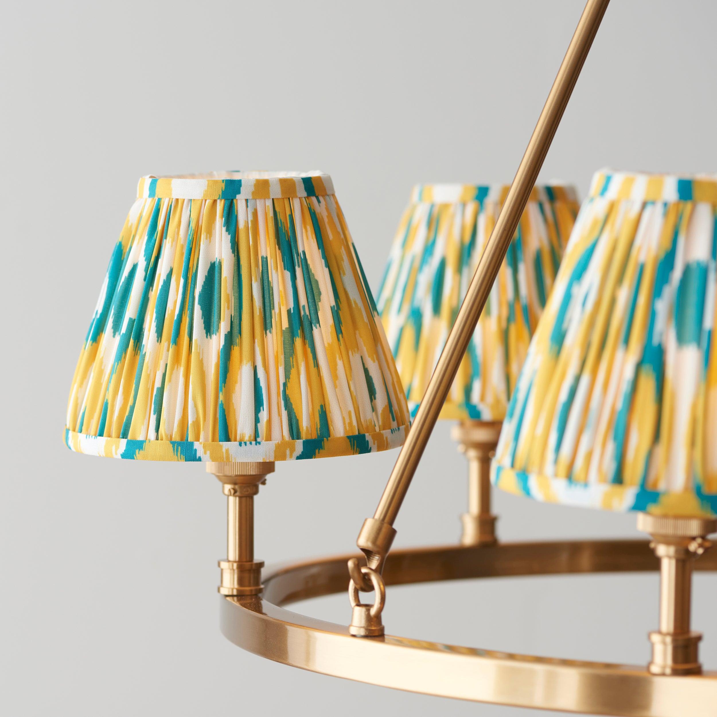 Chester Large Brass Ceiling Pendant Light with Yellow & Jade Ikat 16cm Shades - Vintage Industrial Lighting for Dining Room, Kitchen Island, or Entryway