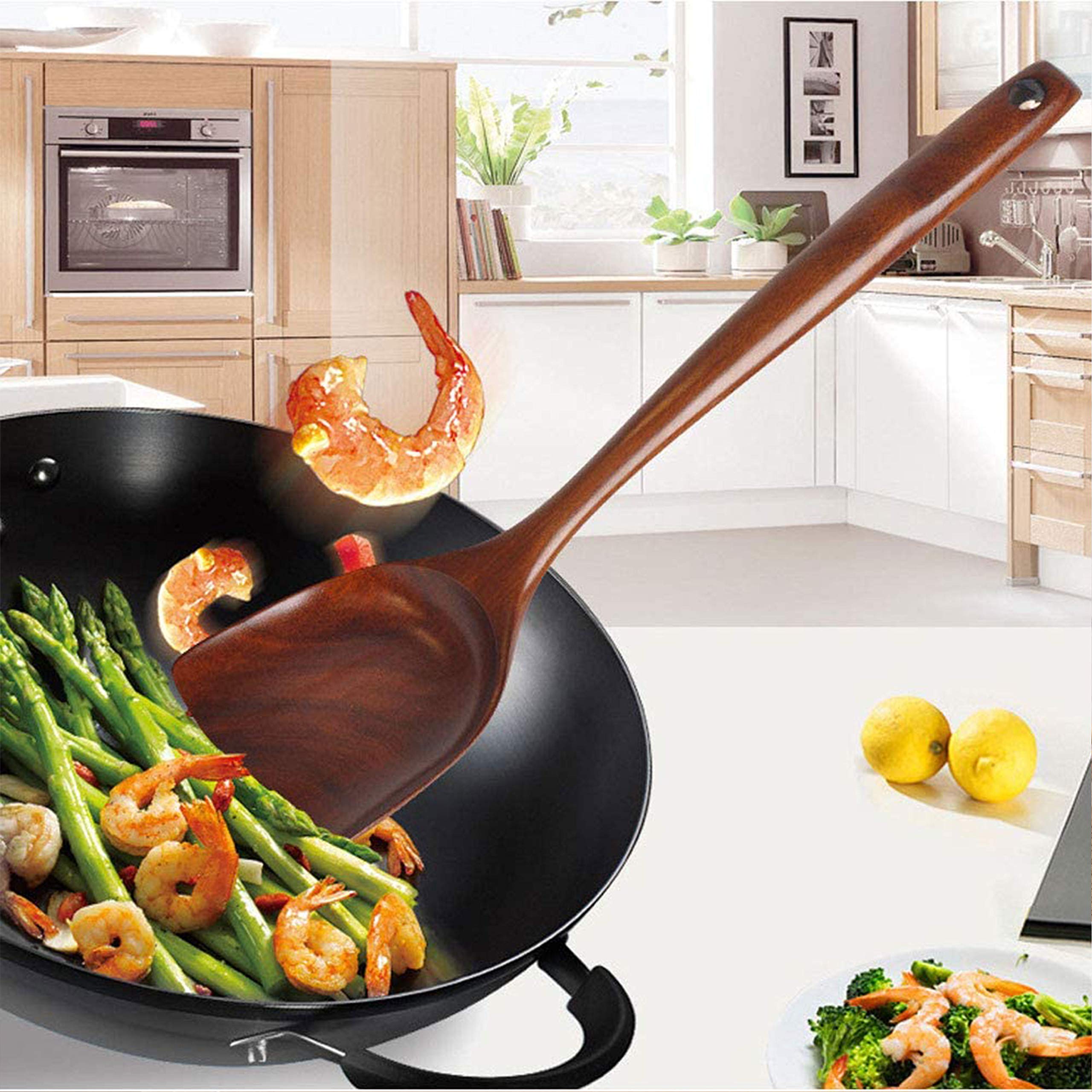 Premium Teak Wooden Wok Spatula Set - 14 Inch Long Handle Cooking Utensil for Stir Fry, Sauteing & Asian Cuisine - Durable Natural Wood Kitchen Tool for Woks, Pans & Non-Stick Cookware