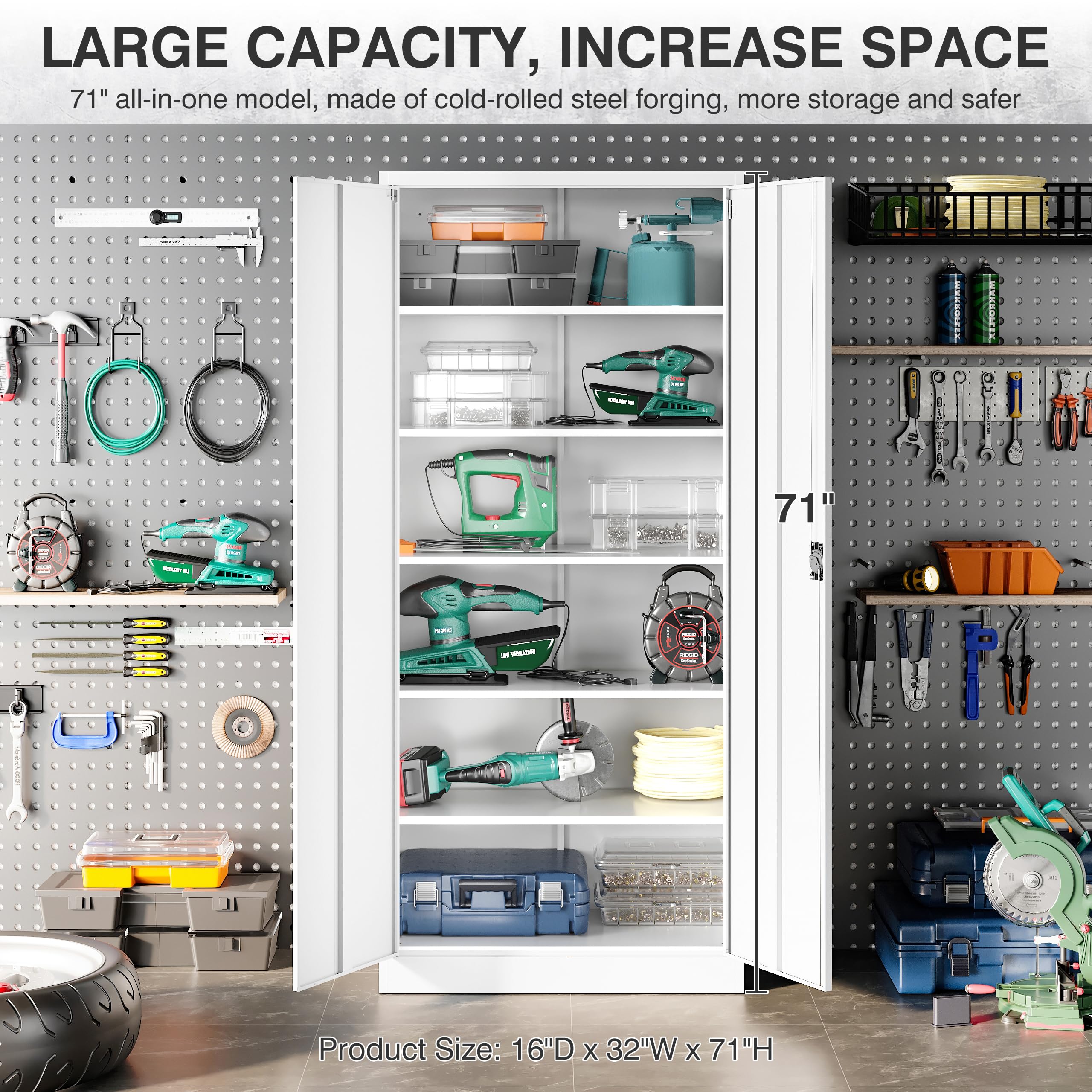 White Metal Storage Cabinet with 5 Adjustable Shelves - 71