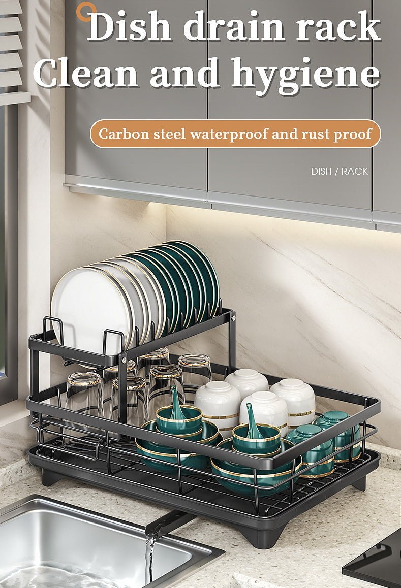 2 Tier Dish Drying Rack with Drainboard & Cup Holder - Rustproof Stainless Steel Kitchen Organizer for Countertop | Space Saving Dish Rack for Small Kitchens, Apartments & Dorm Rooms | S1315