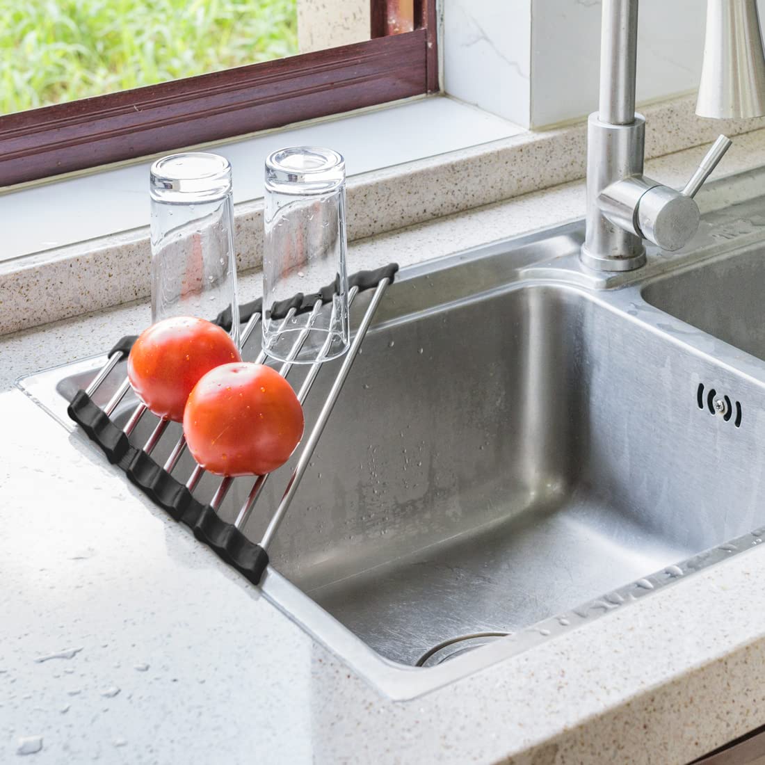 Stainless Steel Foldable Mini Corner Dish Drying Rack for Small Spaces - Triangle Roll Up Sink Organizer, Space Saving Kitchen Sink Drainer (Black, 1-Pack) - Perfect for Compact Kitchens, Apartments & RV Living