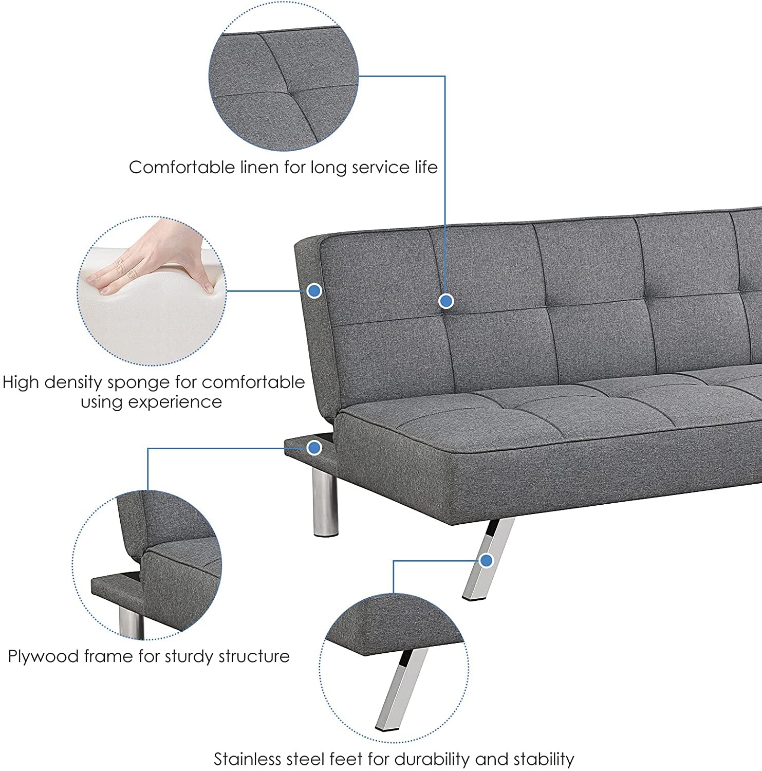 Convertible Folding Futon Sofa Bed - Modern Fabric Sleeper Couch with Recliner & Chrome Legs, Grey | Space-Saving Multi-Functional Furniture for Living Room, Dorm, Apartment & Office (Perfect for Small Spaces, Guest Sleeping & Lounging)