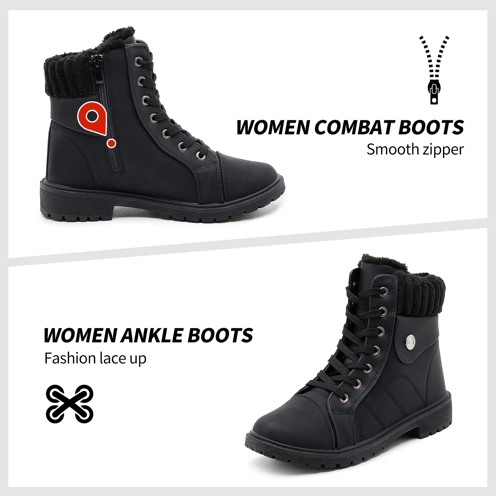 Waluzs Women's White Ankle Boots - Winter Fuzzy Lace-Up Combat Snow Boots for Women | Warm & Stylish for Cold Weather, Snow Days & Outdoor Adventures
