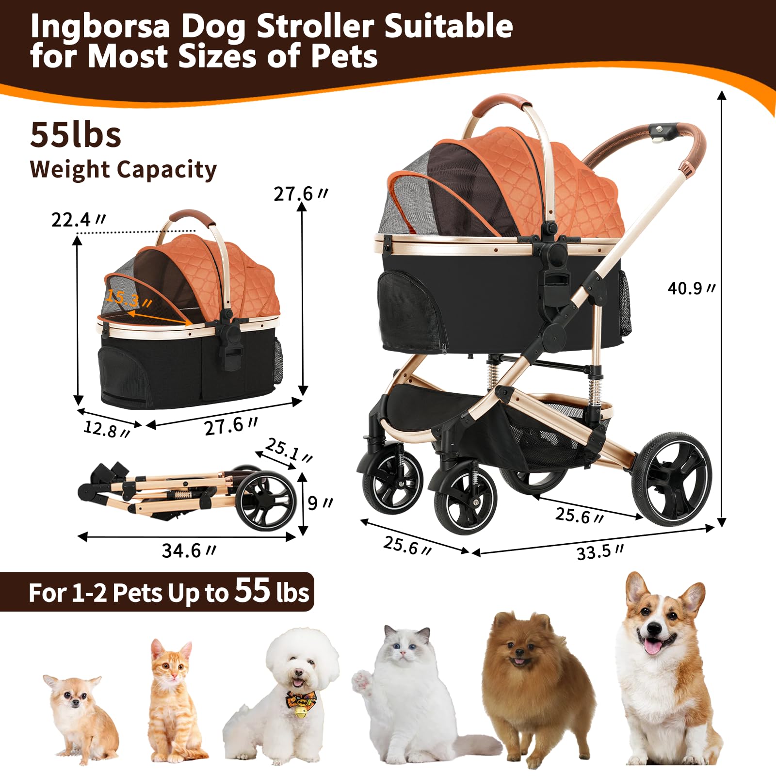 Premium 3-in-1 Folding Lightweight Pet Stroller with Detachable Carrier & Storage Basket - 4-Wheel Travel Stroller for Dogs, Puppies & Cats (Brown) | Perfect for Park Walks, Vet Visits & Shopping Trips