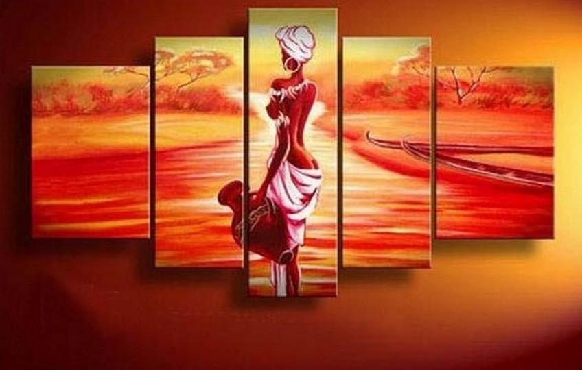 African Girl Sunset Painting - 5 Piece Canvas Art Set, Abstract Wall Decor for Living Room, Bedroom & Office - African Woman Artwork, Modern Home Decor
