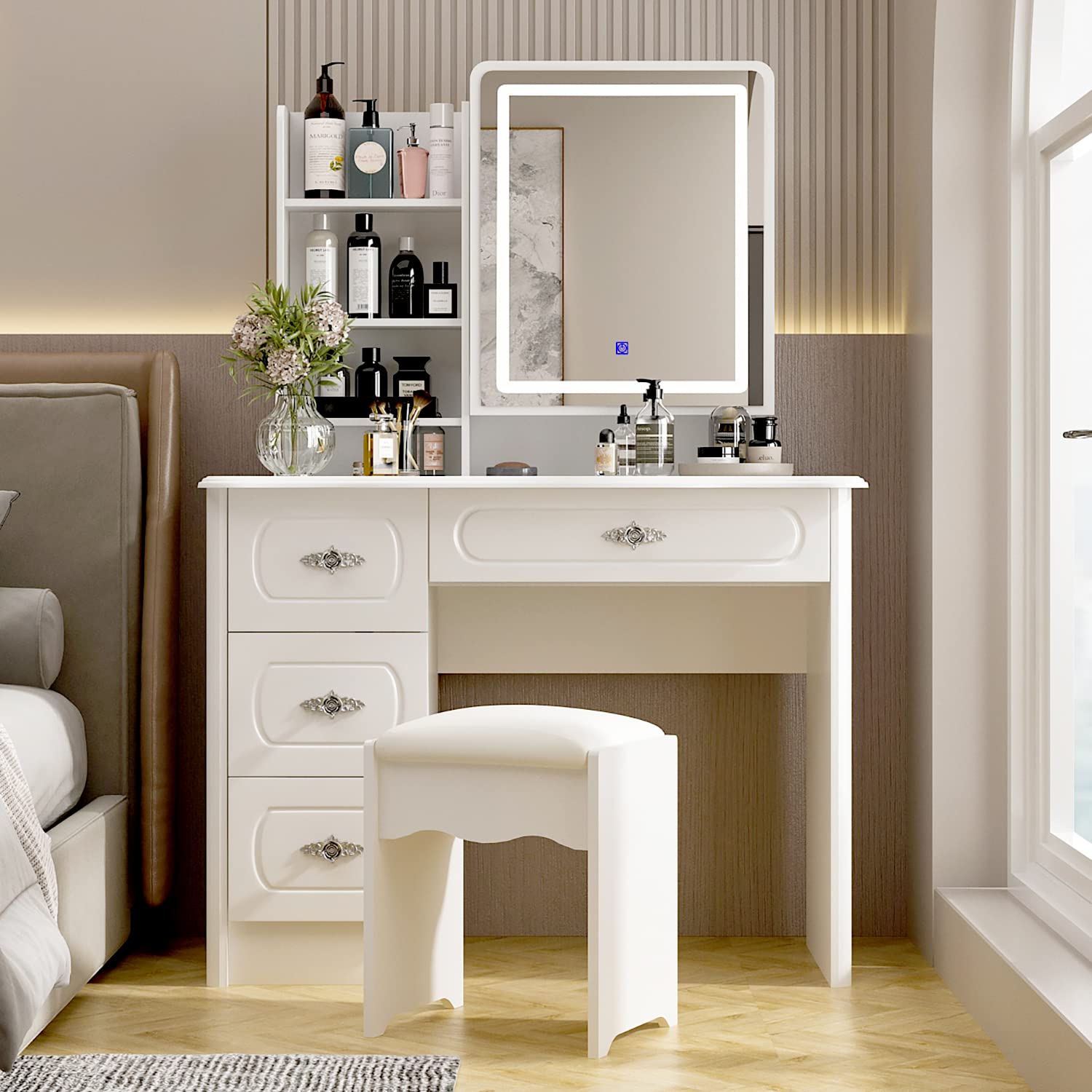 AGOTENI Luxury Vanity Table Set with Lighted Mirror - White Makeup Dressing Desk with 4 Drawers, Shelves & Cushioned Stool - Elegant Bedroom Furniture for Women (Perfect for Makeup, Skincare & Dressing Room Organization)