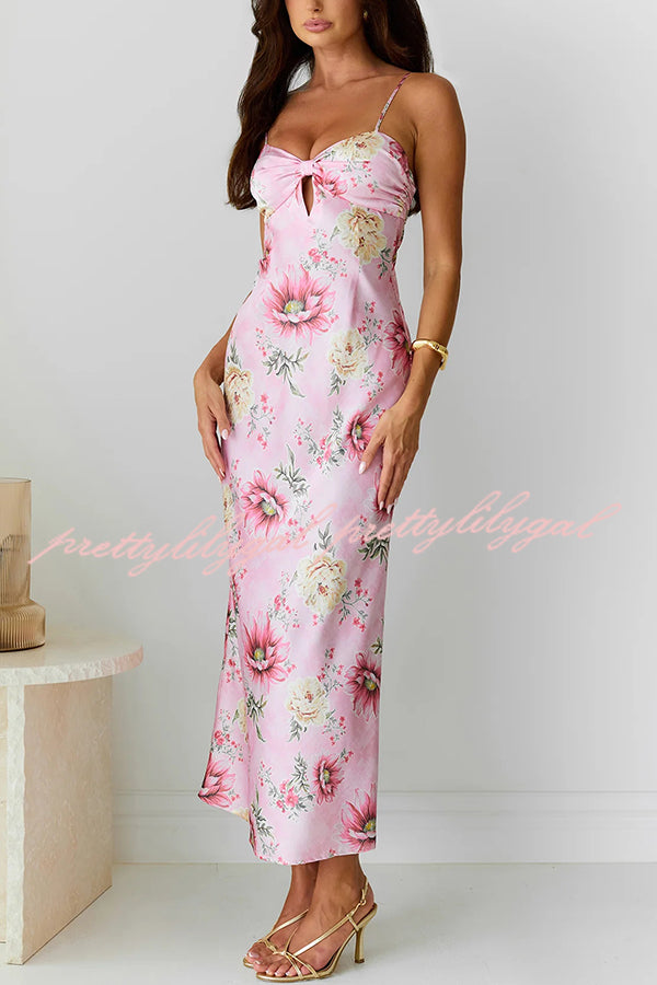 Elegant Satin Floral Print Cutout Bust Midi Dress for Women | Summer Beach Wedding Guest Dress | Perfect for Vacations, Date Nights & Special Occasions
