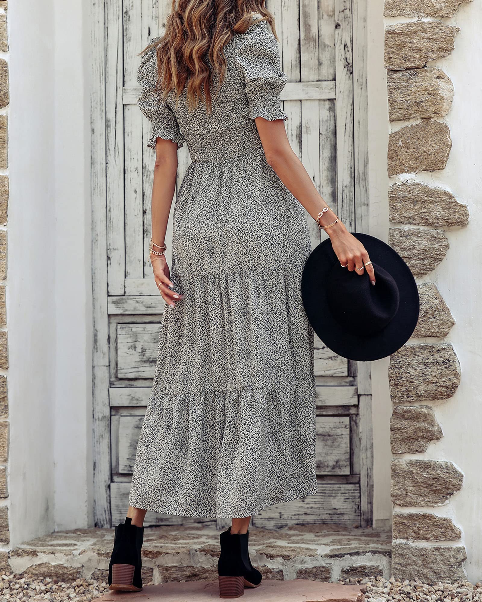 BTFBM Women's Floral Print Boho Maxi Dress - Crew Neck, Ruffle Short Sleeve, Smocked Waist, Flowy Summer Casual Dress for 2025 Spring | Perfect for Beach Vacations, Date Nights & Outdoor Festivals