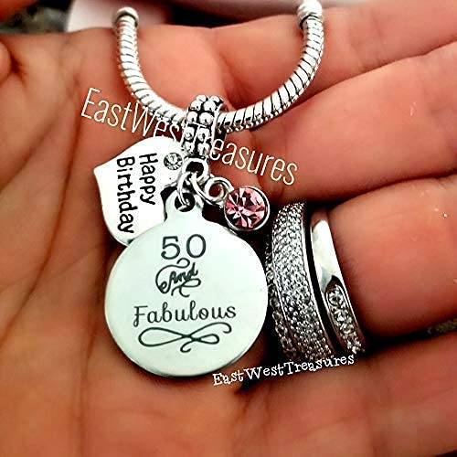 50th Birthday Jewelry Set for Women - Personalized Heart Charm Bracelet, Necklace & Keychain with Birthstone - 50 and Fabulous Gift - Perfect for Milestone Celebrations, Anniversaries & Special Occasions