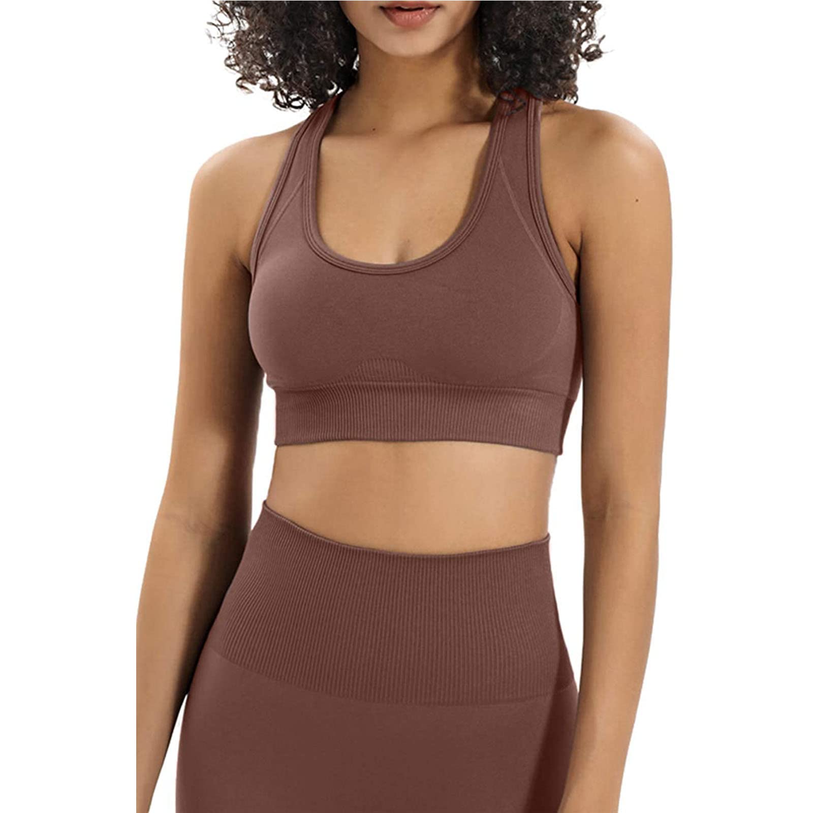 Hotexy Women's 2-Piece Seamless Workout Set - Yoga Leggings & Racerback Sports Bra Gym Outfit in Sequoia Brown | Perfect for Yoga, Gym Training & Active Lifestyle