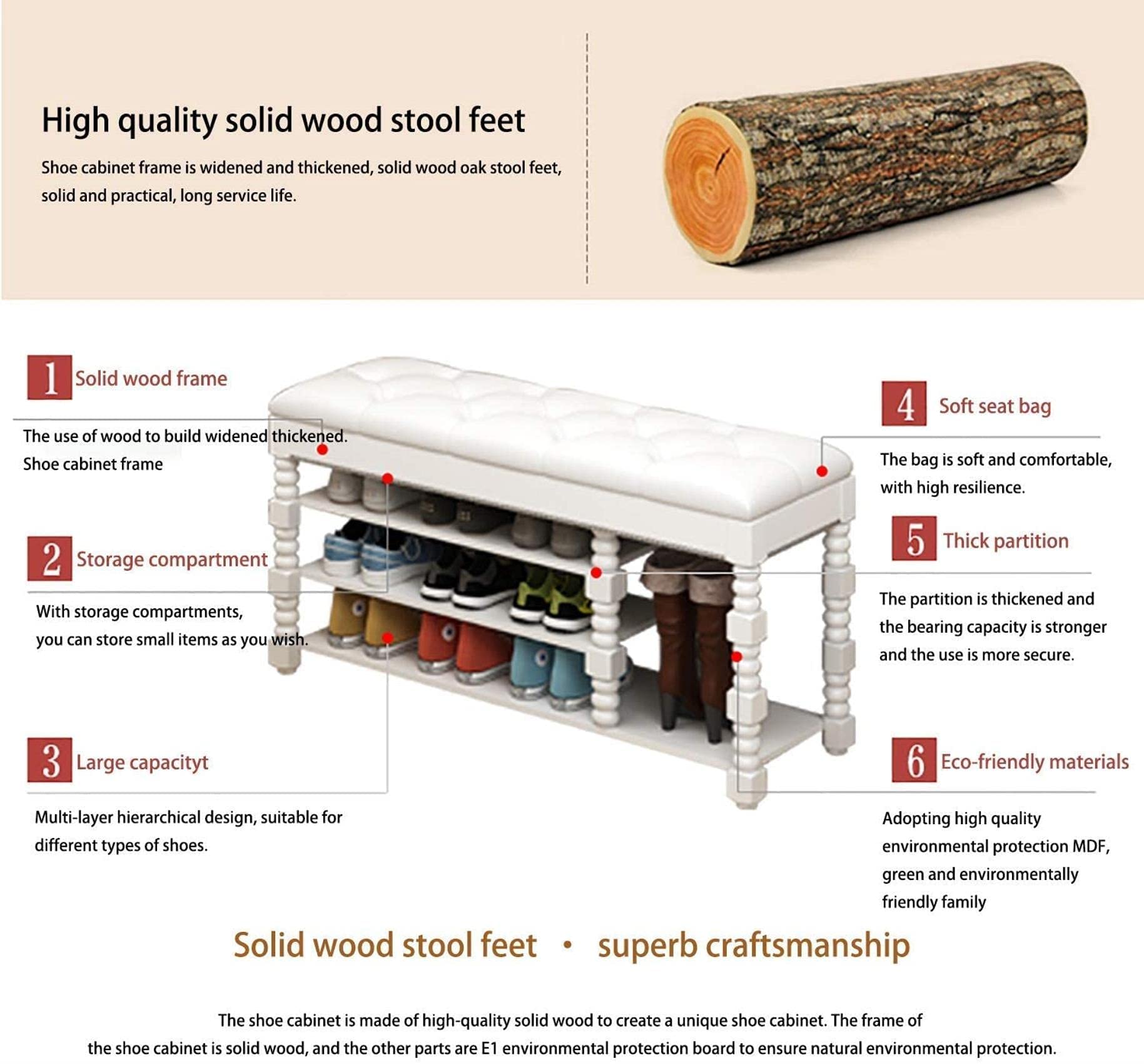 Solid Wood Entryway Storage Bench with Shoe Rack - Multifunctional Foot Stool, Seat & Ottoman for Hallway, Living Room & Bedroom Organization