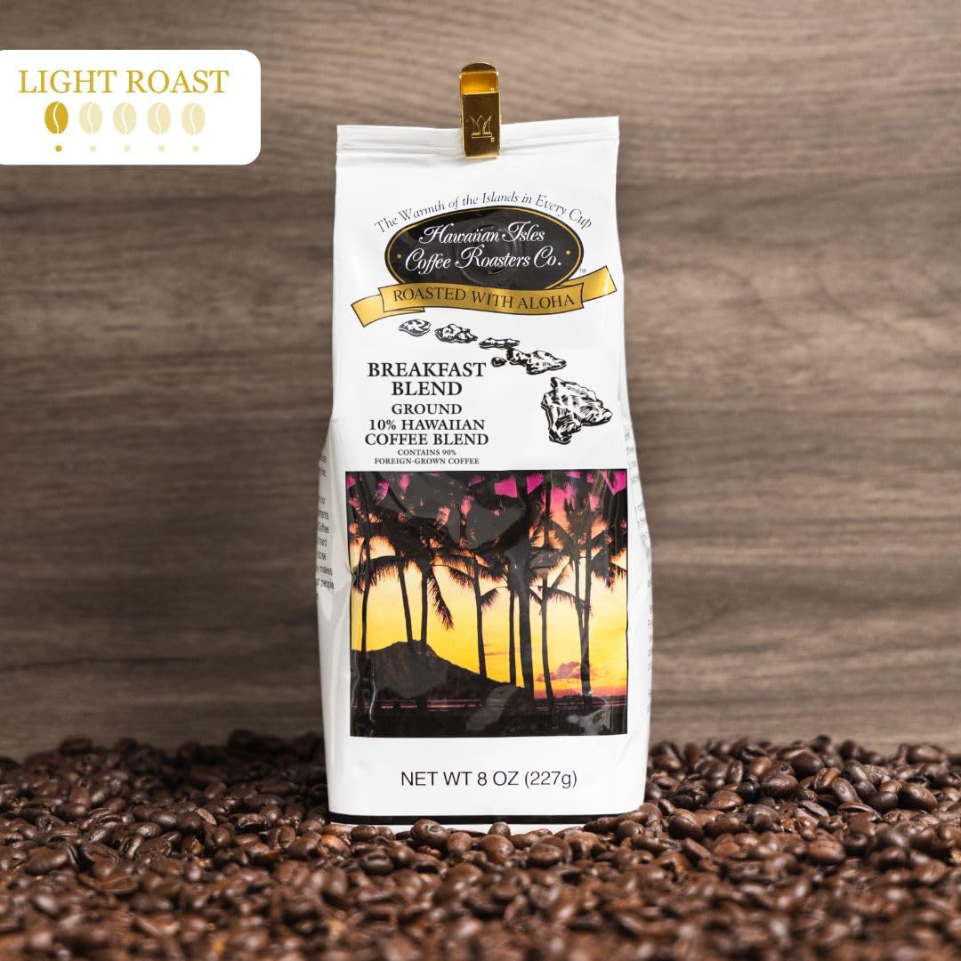 Hawaiian Isles Coffee Breakfast Blend - Light Roast Ground Coffee with 10% Hawaiian Coffee, Roasted with Aloha - 8 Ounce Bag | Perfect for Morning Brew & Office Use