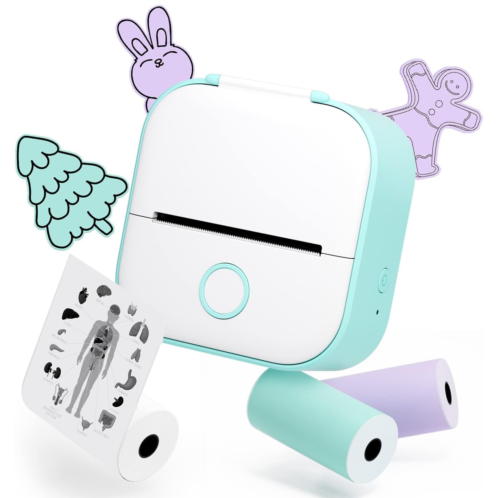 Memoqueen T02 Mini Bluetooth Thermal Sticker Printer - Portable Label Maker for Journals, DIY Scrapbooking, Travel Planning & Kids Crafts - Includes 3 Rolls Thermal Paper - iOS/Android Compatible - Green (Perfect for Home Organization, School Projects & Creative Gift Ideas)