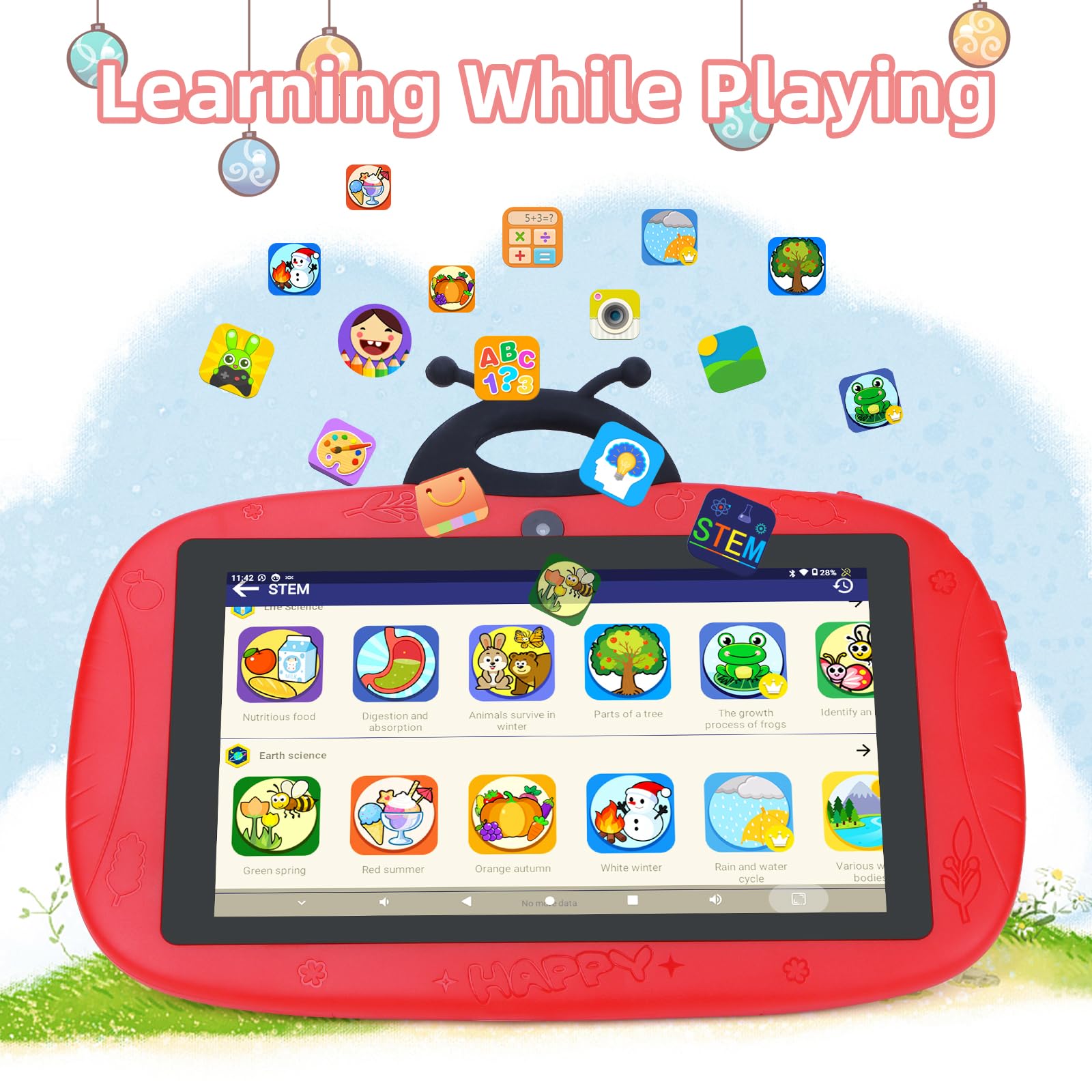 C idea CM77 7 Inch Kids Tablet - Educational Android Tablet with Parental Controls, Shockproof Case & Preloaded Learning Apps - Perfect for Homeschooling, Travel & Early Childhood Development (Red)